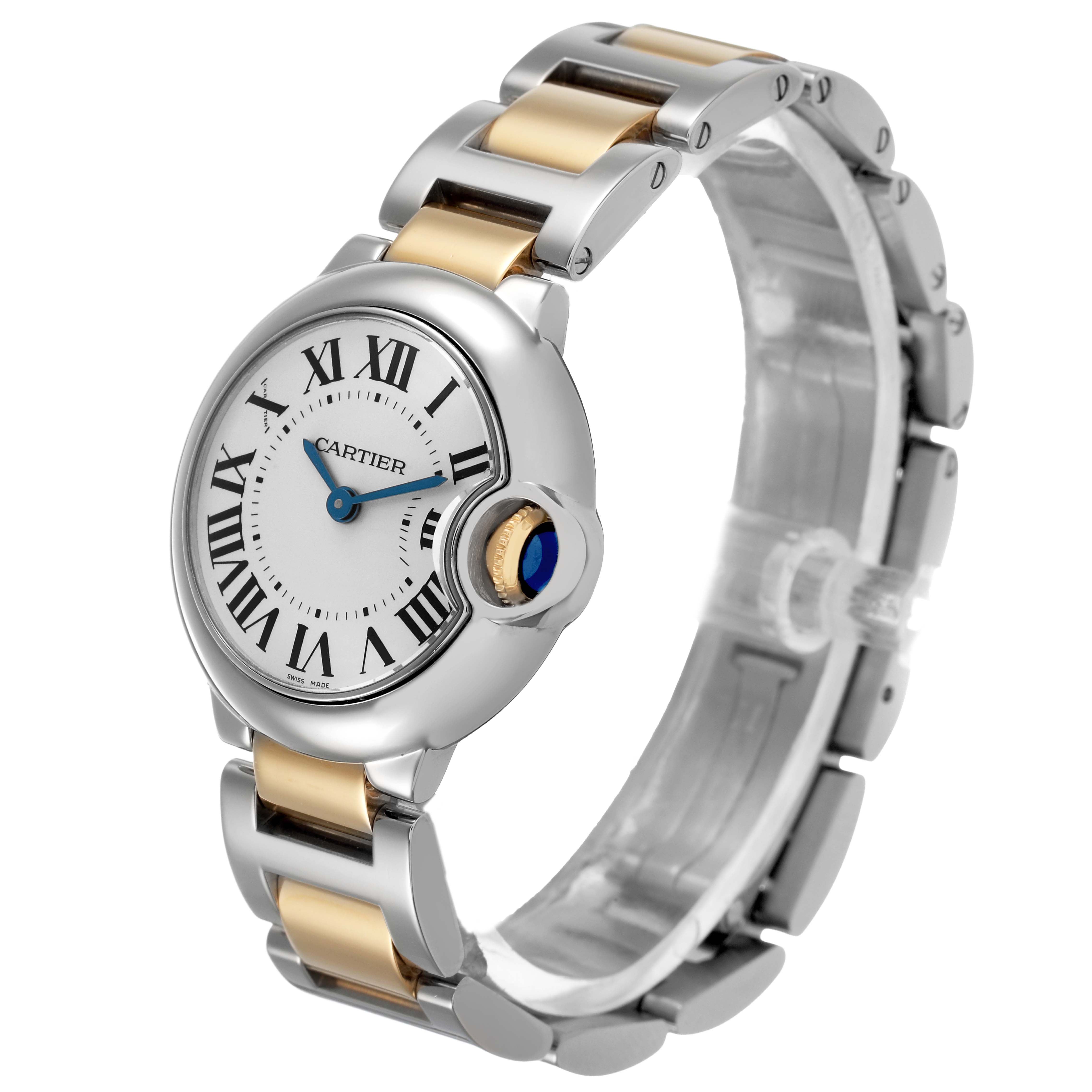 The Cartier Ballon Bleu W69007Z3 Women's Steel and Gold (two tone) Silver Dial watch is shown at a three-quarter angle, displaying the dial, crown, and stainless steel and gold bracelet.