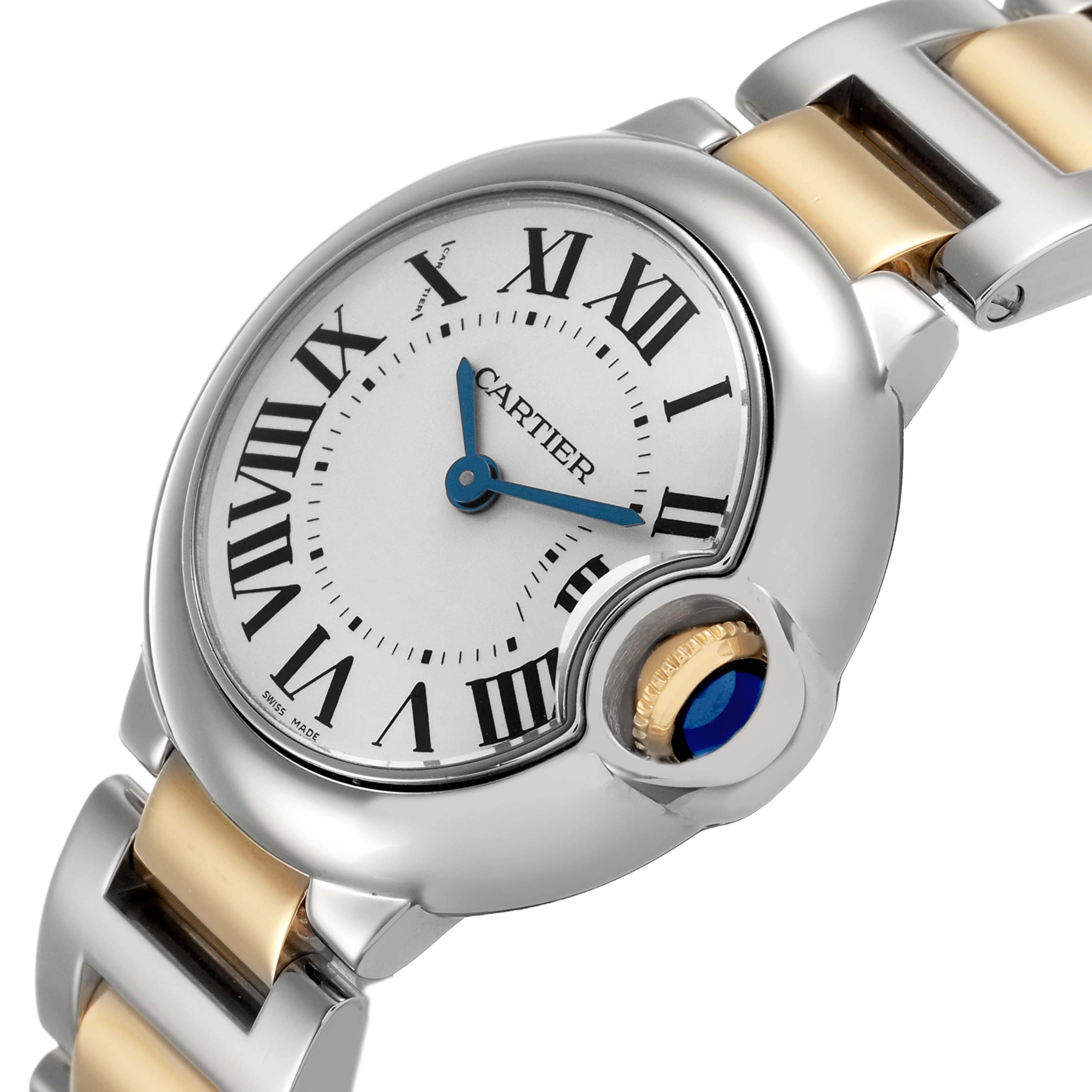 The Cartier Ballon Bleu W69007Z3 Women's Steel and Gold (two tone) Silver Dial watch is shown at a slight angle, focusing on the face, Roman numerals, and distinctive blue sapphire crown.