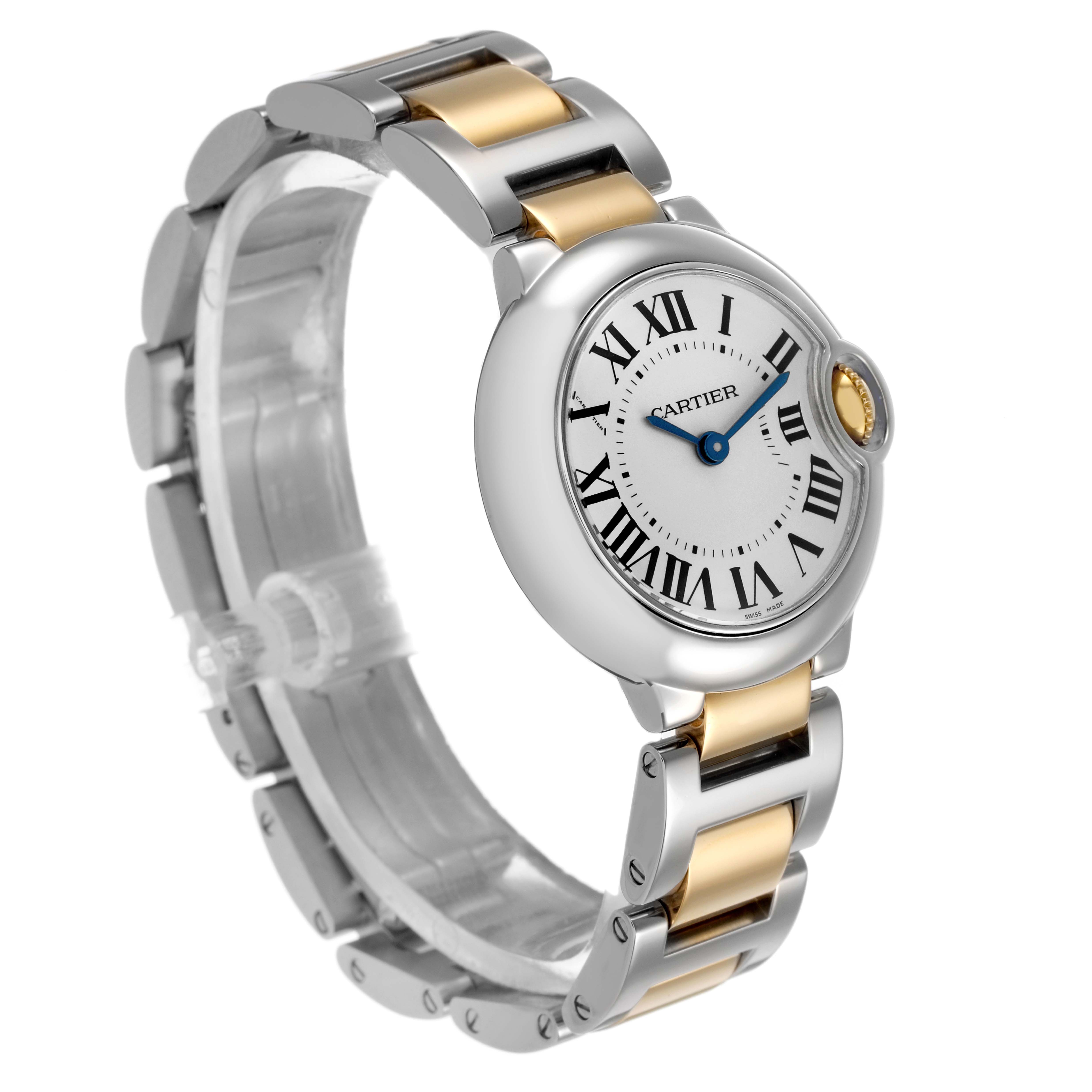 The Cartier Ballon Bleu W69007Z3 Women's Steel and Gold (two tone) Silver Dial watch is shown at an angled side view, highlighting its round case, Roman numeral dial, and two-tone bracelet.