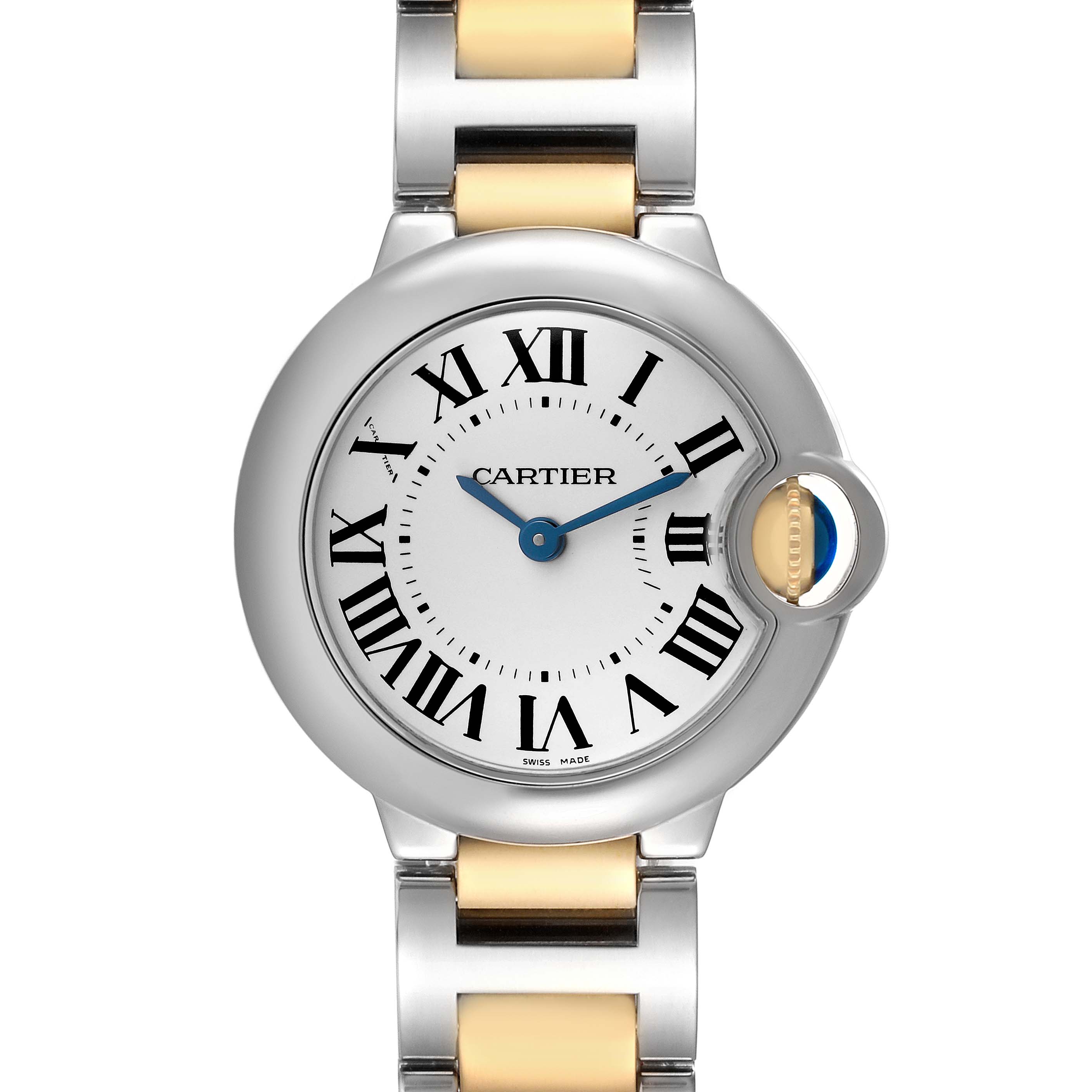 The Cartier Ballon Bleu W69007Z3 Women's Steel and Gold (two tone) Silver Dial watch is shown from a top view, highlighting the face, bezel, and part of the bracelet.