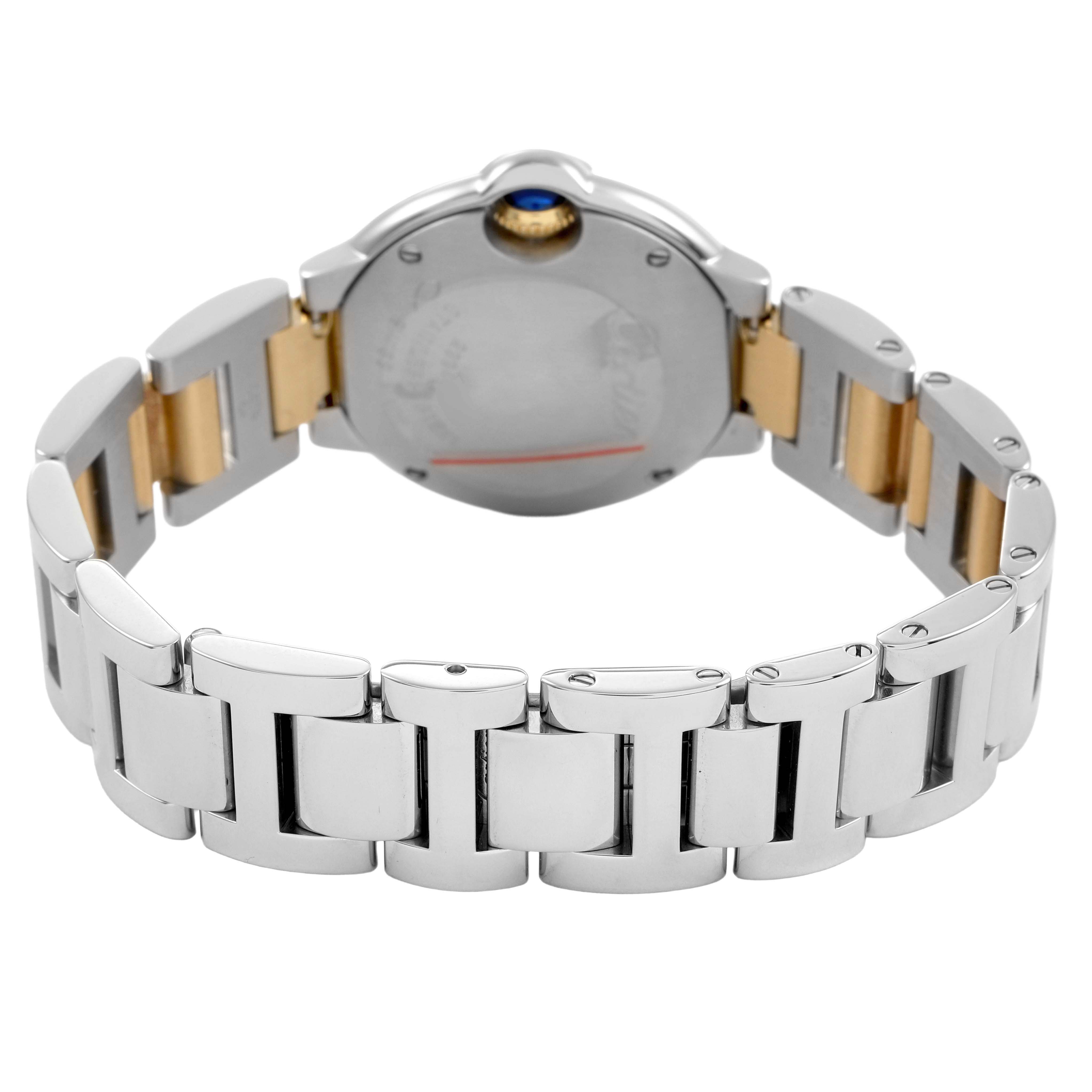 The image shows the back of the Cartier Ballon Bleu W69007Z3 Women's Steel and Gold (two tone) Silver Dial watch, highlighting its bracelet and case back.