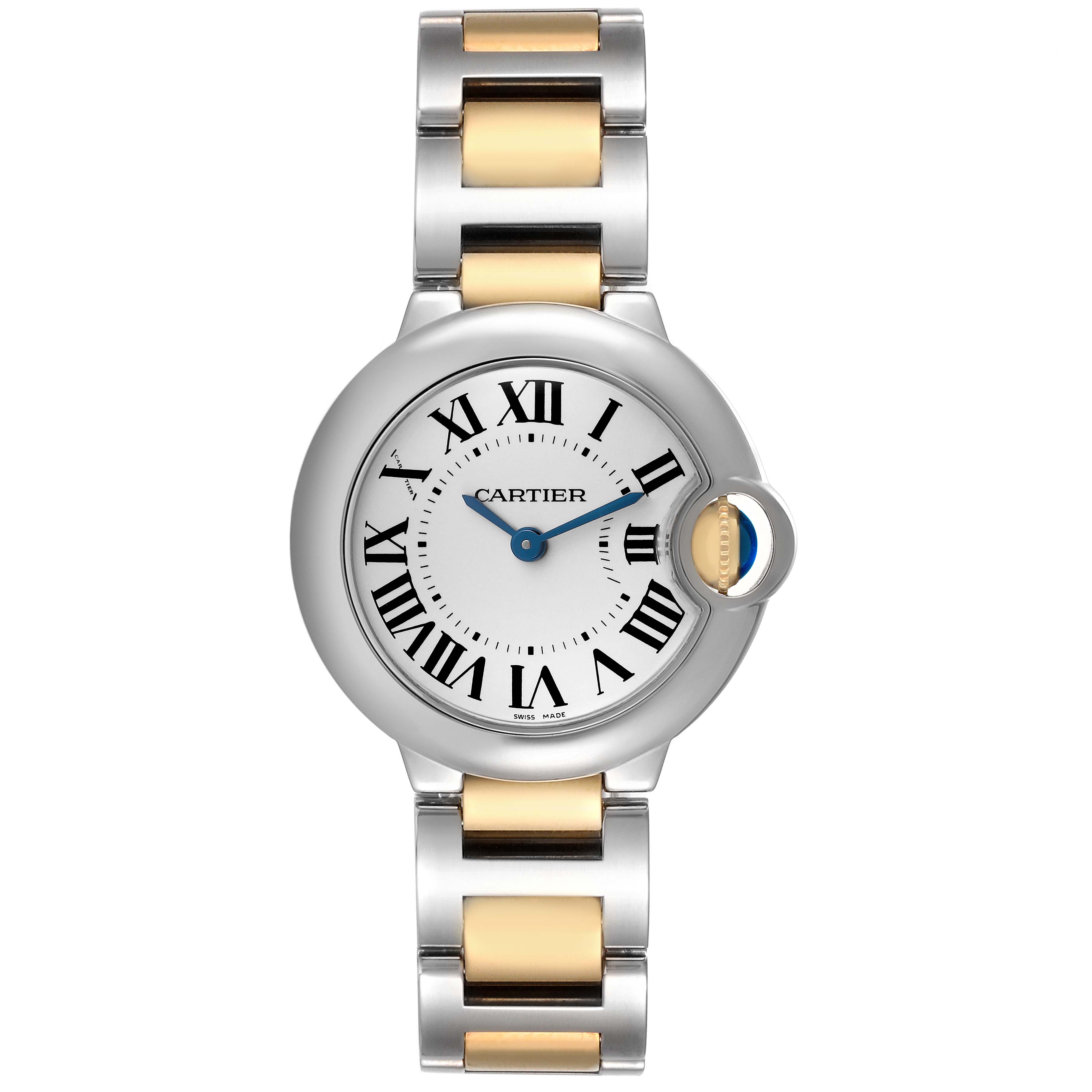 The image shows a frontal view of the Cartier Ballon Bleu W69007Z3 Women's Steel and Gold (two tone) Silver Dial watch, highlighting its round face and metal bracelet.