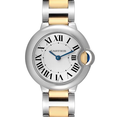The Cartier Ballon Bleu W69007Z3 Women's Steel and Gold (two tone) Silver Dial watch is shown from a top view, highlighting its round face, Roman numerals, and two-tone bracelet.