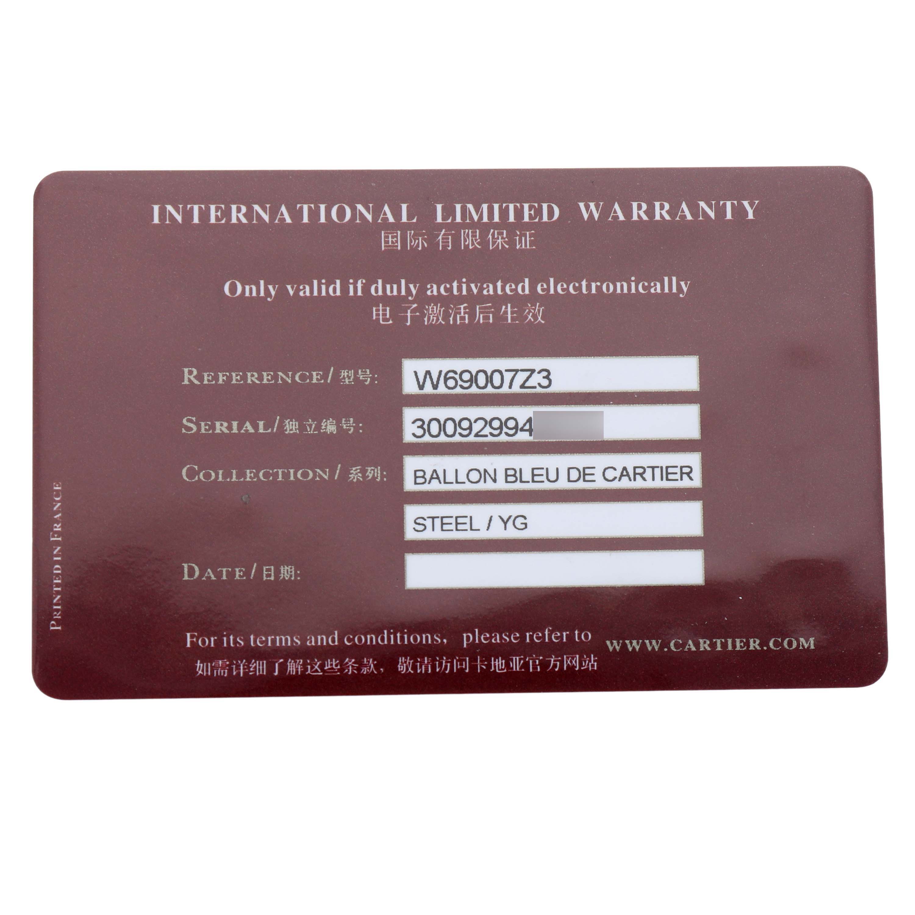 The image shows the International Limited Warranty card for a Cartier Ballon Bleu W69007Z3 Women's Steel and Gold (two tone) Silver Dial model, displaying reference, serial, and collection details.