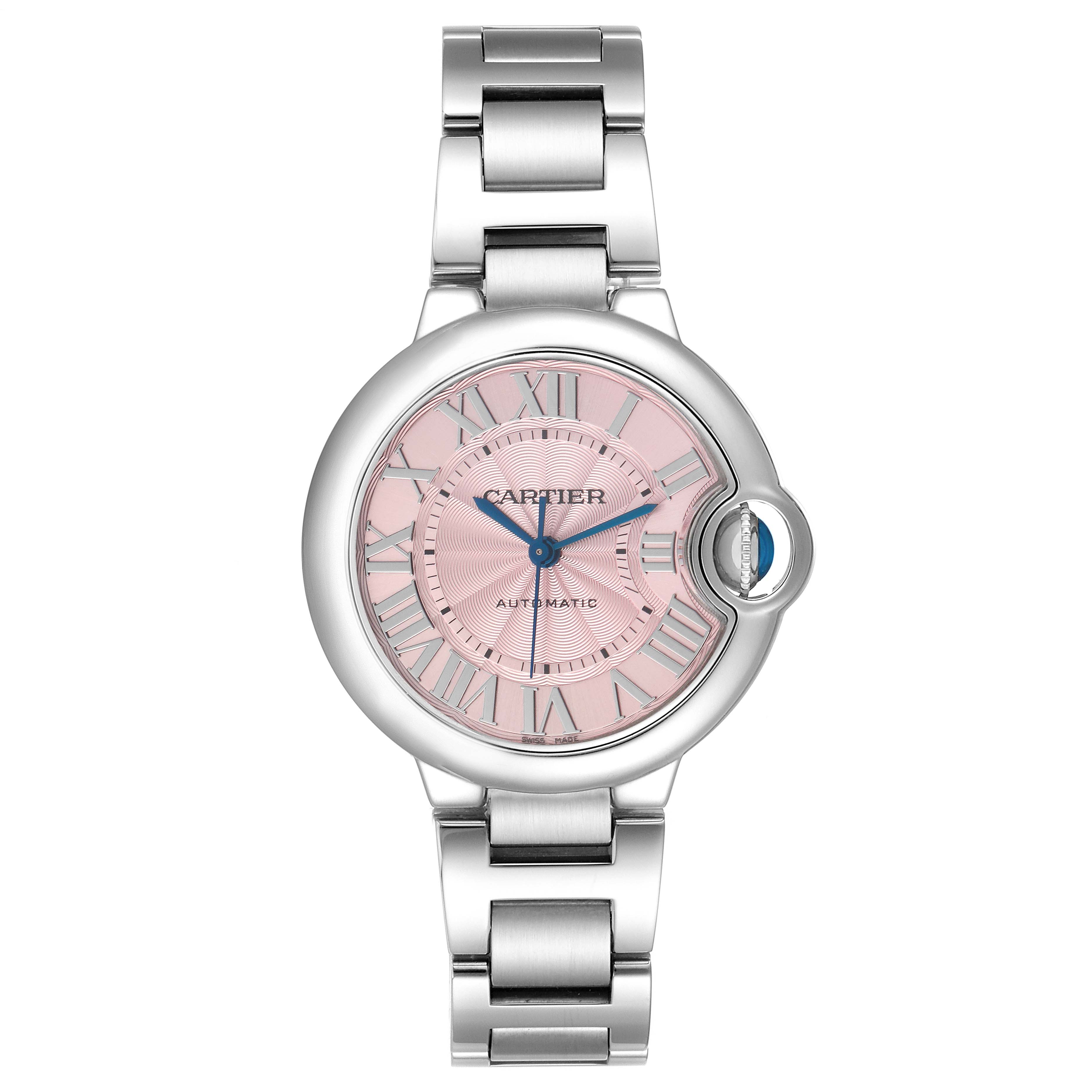 This Cartier Ballon Bleu W6920100 Women
s Stainless Steel Pink Dial W6920100 Women
s Stainless Steel Pink Dial watch is shown from a top-down angle, displaying its pink dial, Roman numerals, and metal bracelet.