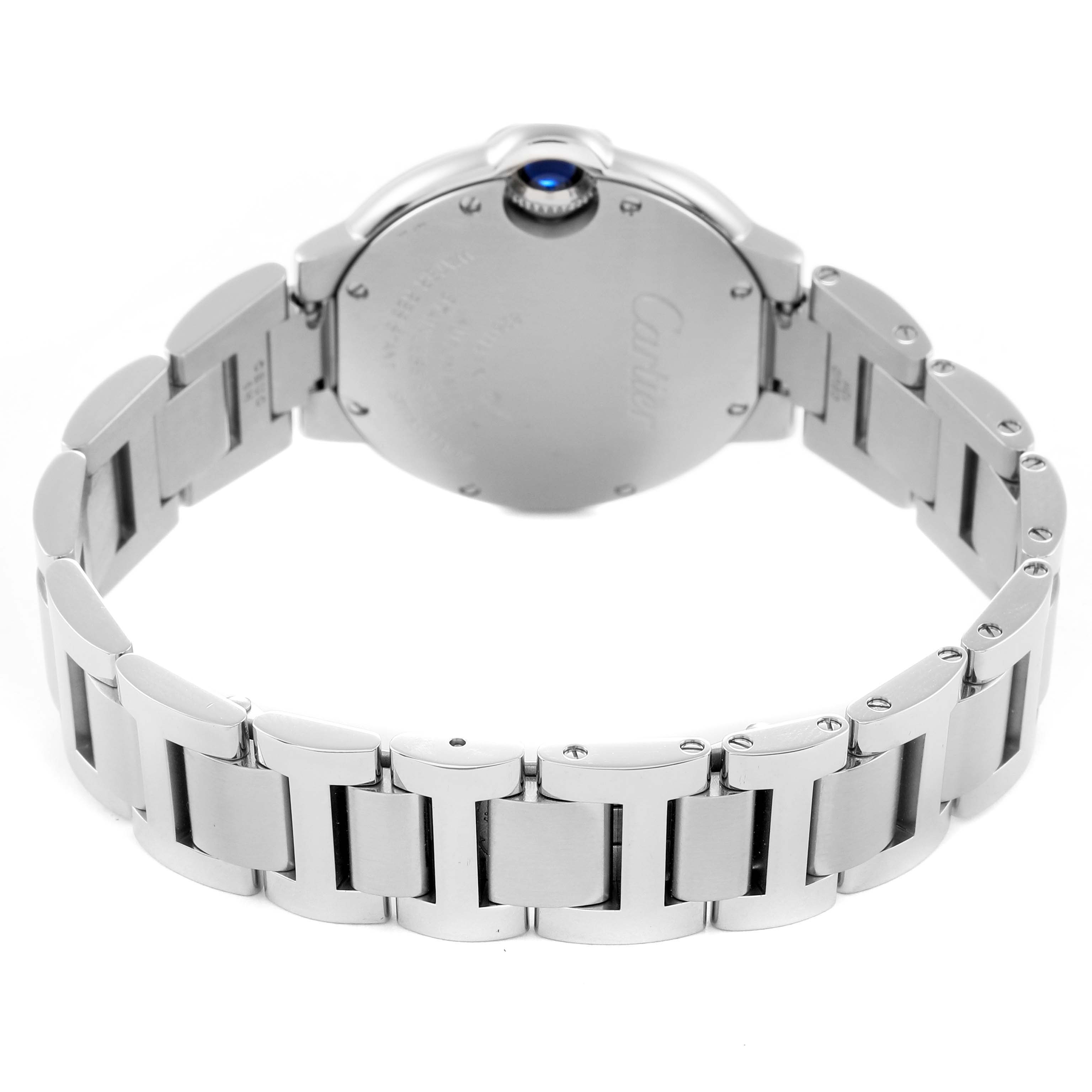 This image shows the back case and bracelet of a Cartier Ballon Bleu W6920100 Women
s Stainless Steel Pink Dial W6920100 Women
s Stainless Steel Pink Dial watch from an angled rear view.