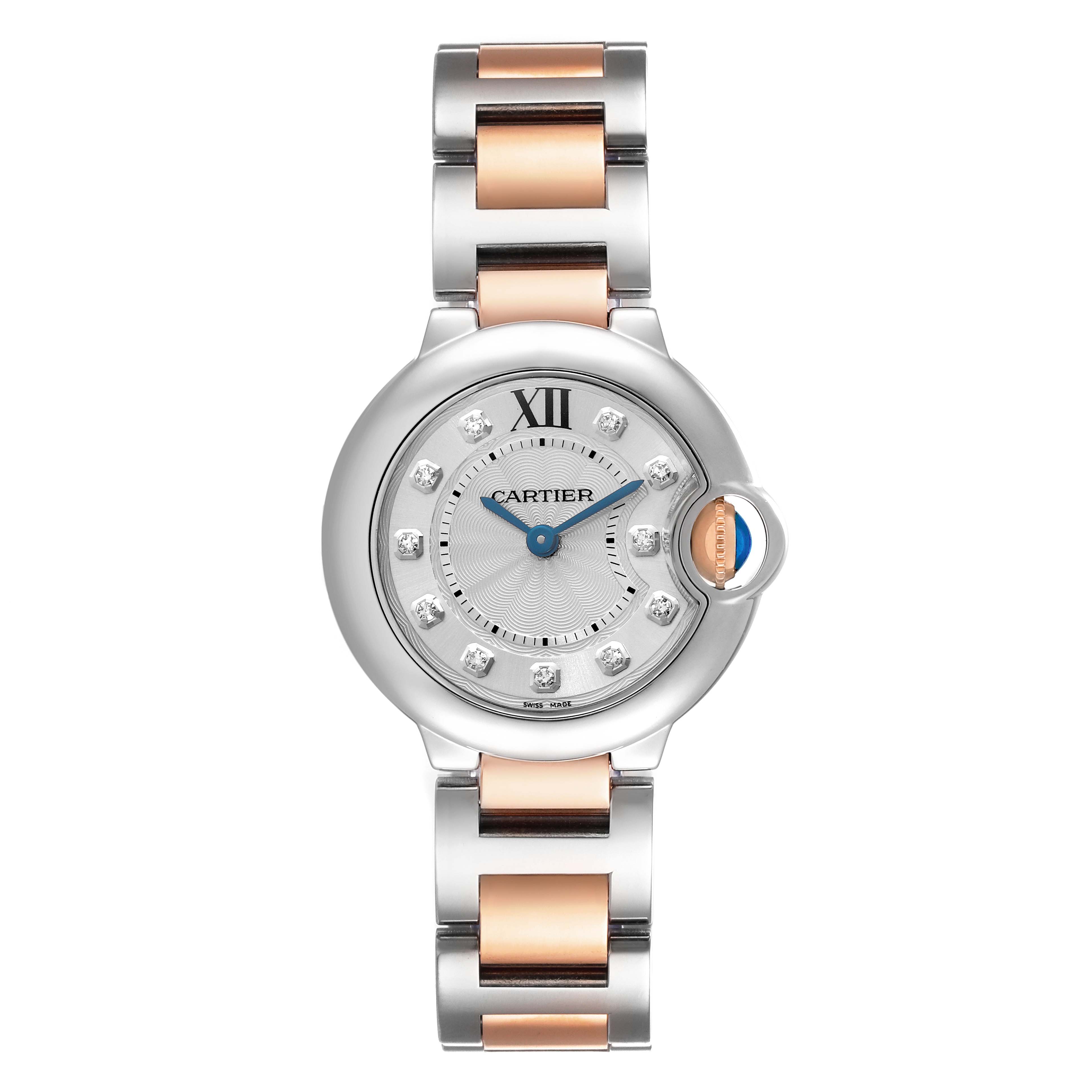 The Cartier Ballon Bleu WE902030 Women
s Steel and Gold (two tone) Silver Dial WE902030 Women
s Steel and Gold (two tone) Silver Dial watch is shown from a front angle highlighting the dial, blue sword-shaped hands, and the two-tone bracelet.