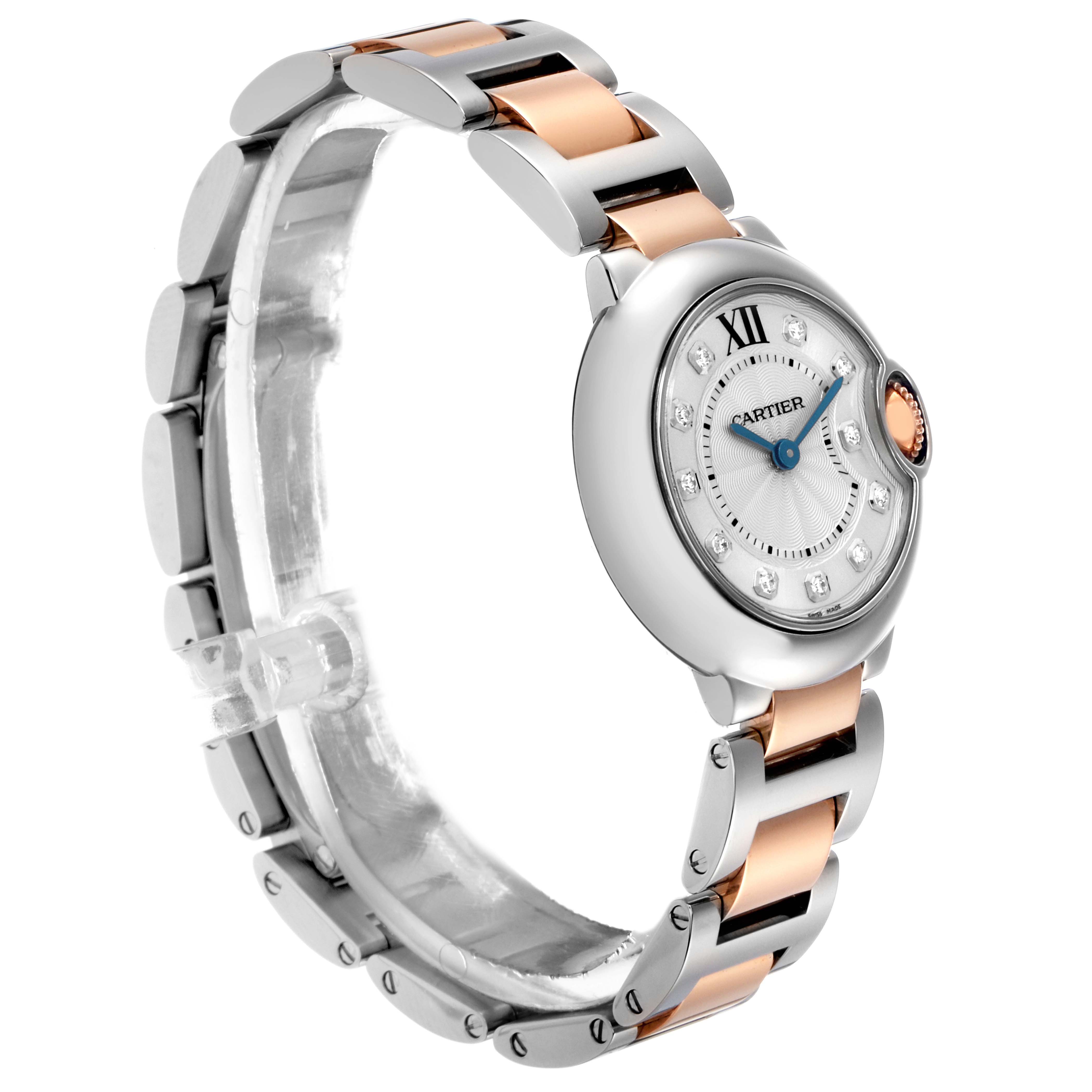 The Cartier Ballon Bleu WE902030 Women
s Steel and Gold (two tone) Silver Dial WE902030 Women
s Steel and Gold (two tone) Silver Dial watch is shown in a three-quarter angle, highlighting its round case, dial, and two-tone bracelet.