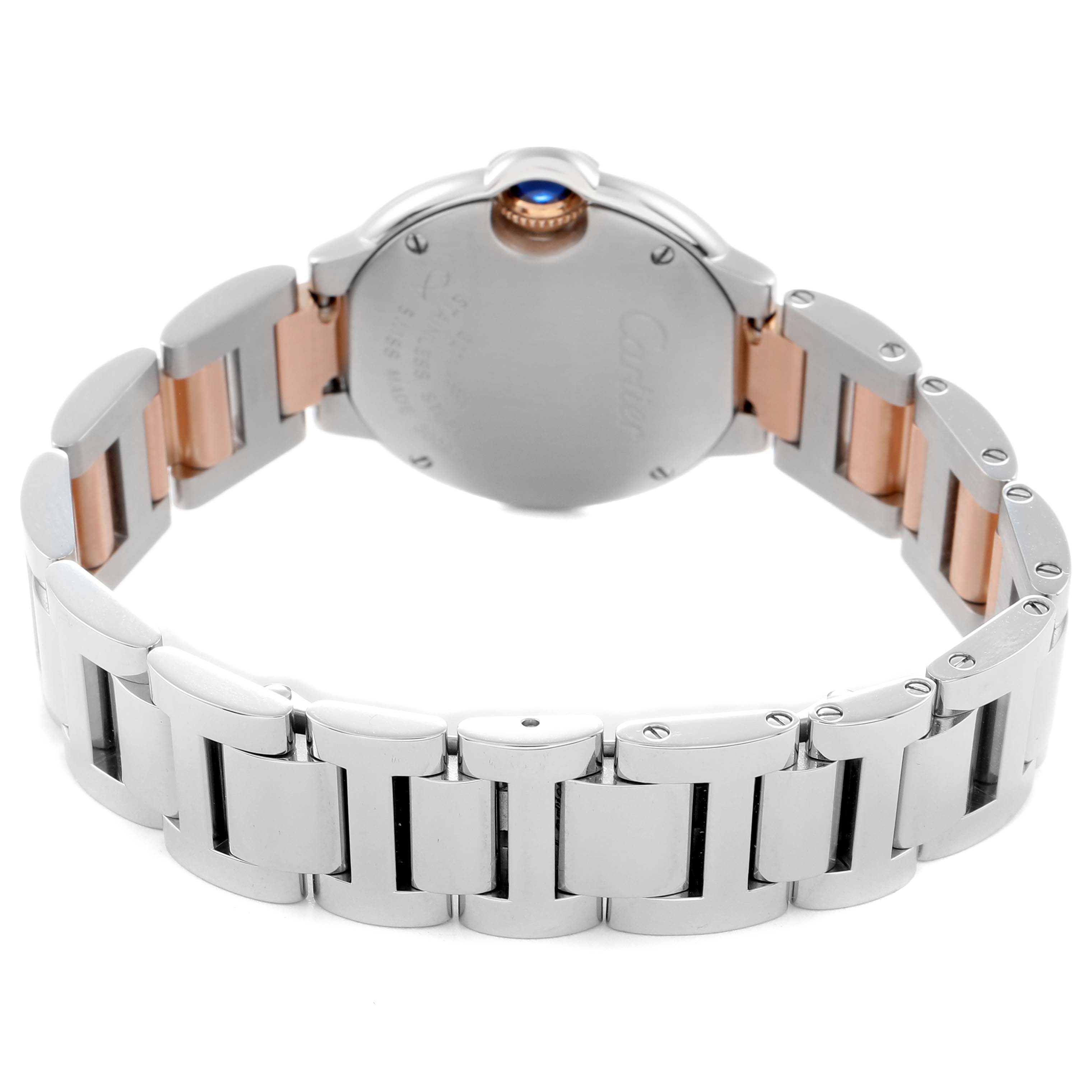 The Cartier Ballon Bleu WE902030 Women
s Steel and Gold (two tone) Silver Dial WE902030 Women
s Steel and Gold (two tone) Silver Dial is shown from the back, highlighting the bracelet and case back with a partial view of the crown.