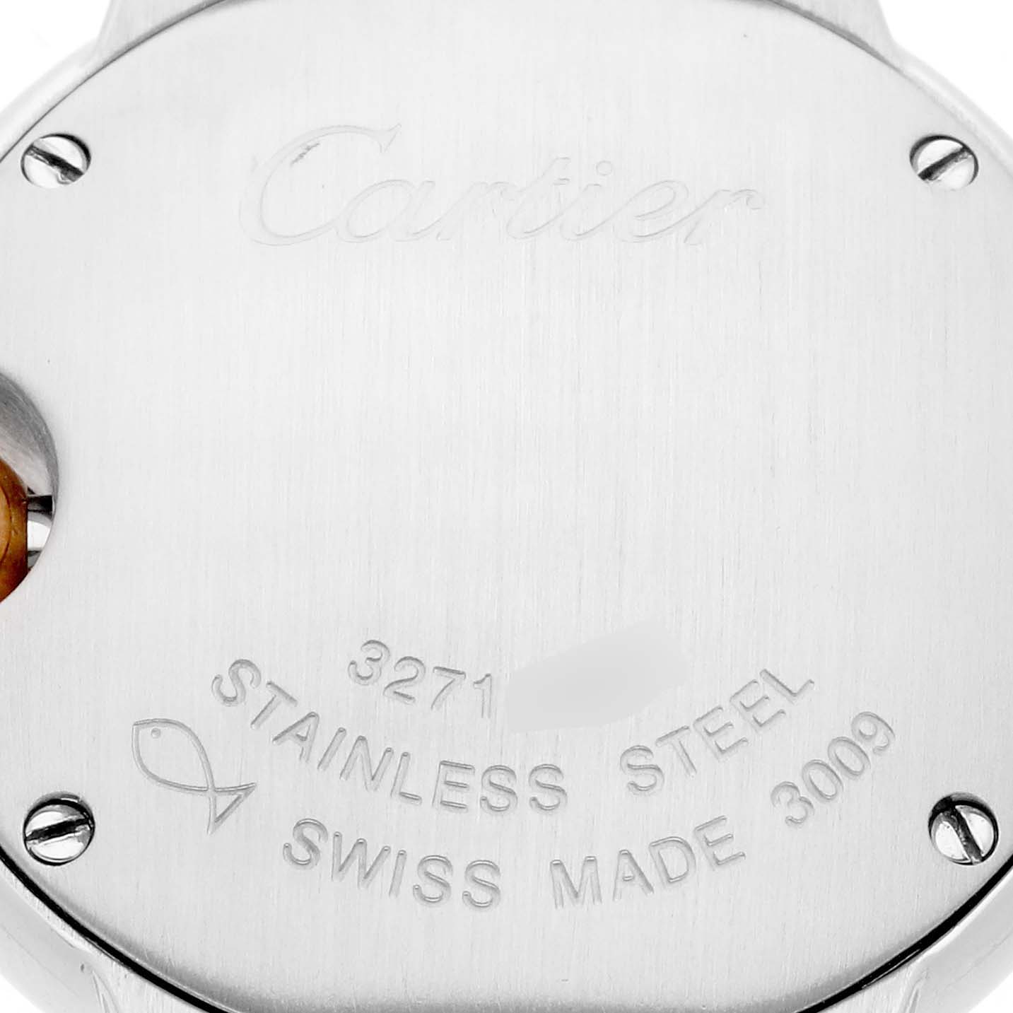 The image shows the stainless steel case back of a Cartier Ballon Bleu WE902030 Women
s Steel and Gold (two tone) Silver Dial WE902030 Women
s Steel and Gold (two tone) Silver Dial watch with engraved details and screws.