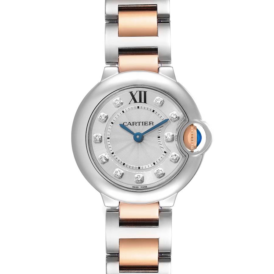 The Cartier Ballon Bleu watch is shown from the front, highlighting its face, bezel, and part of the two-tone bracelet.