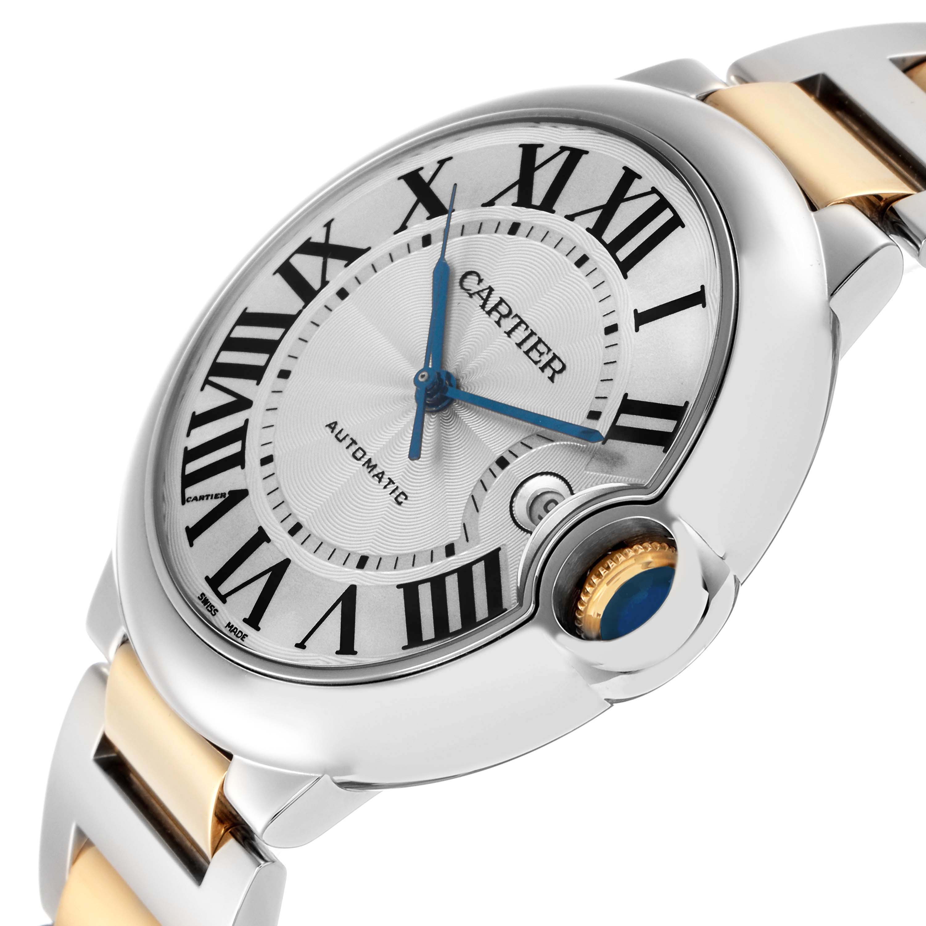 The Cartier Ballon Bleu W69009Z3 Men
s Steel and Gold (two tone) Silver Dial W69009Z3 Men
s Steel and Gold (two tone) Silver Dial watch is shown at an angled view, highlighting its silver dial, Roman numerals, blue hands, and mixed metal bracelet.