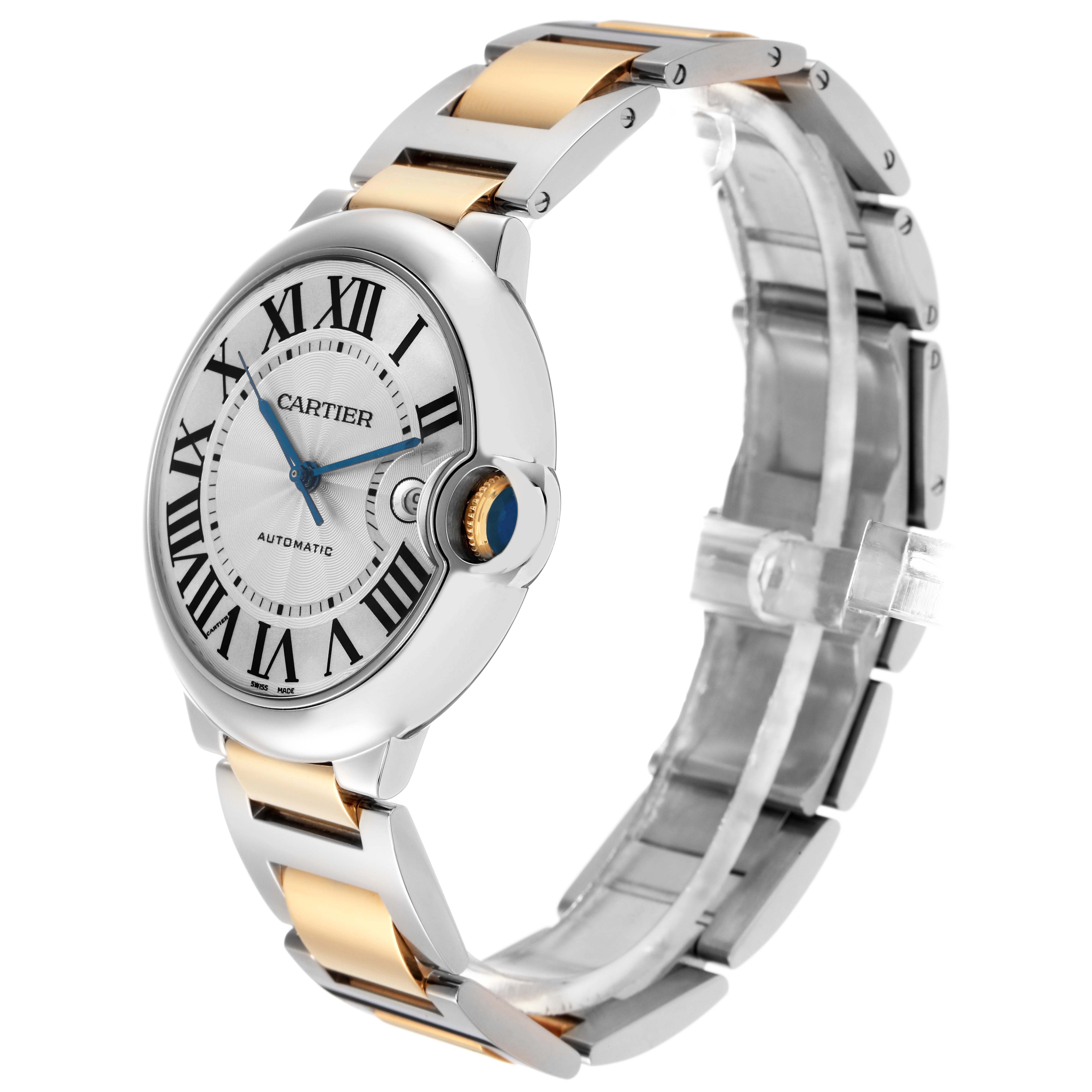 The Cartier Ballon Bleu W69009Z3 Men
s Steel and Gold (two tone) Silver Dial W69009Z3 Men
s Steel and Gold (two tone) Silver Dial watch is shown at a three-quarter angle, highlighting its face, crown, and two-tone bracelet.
