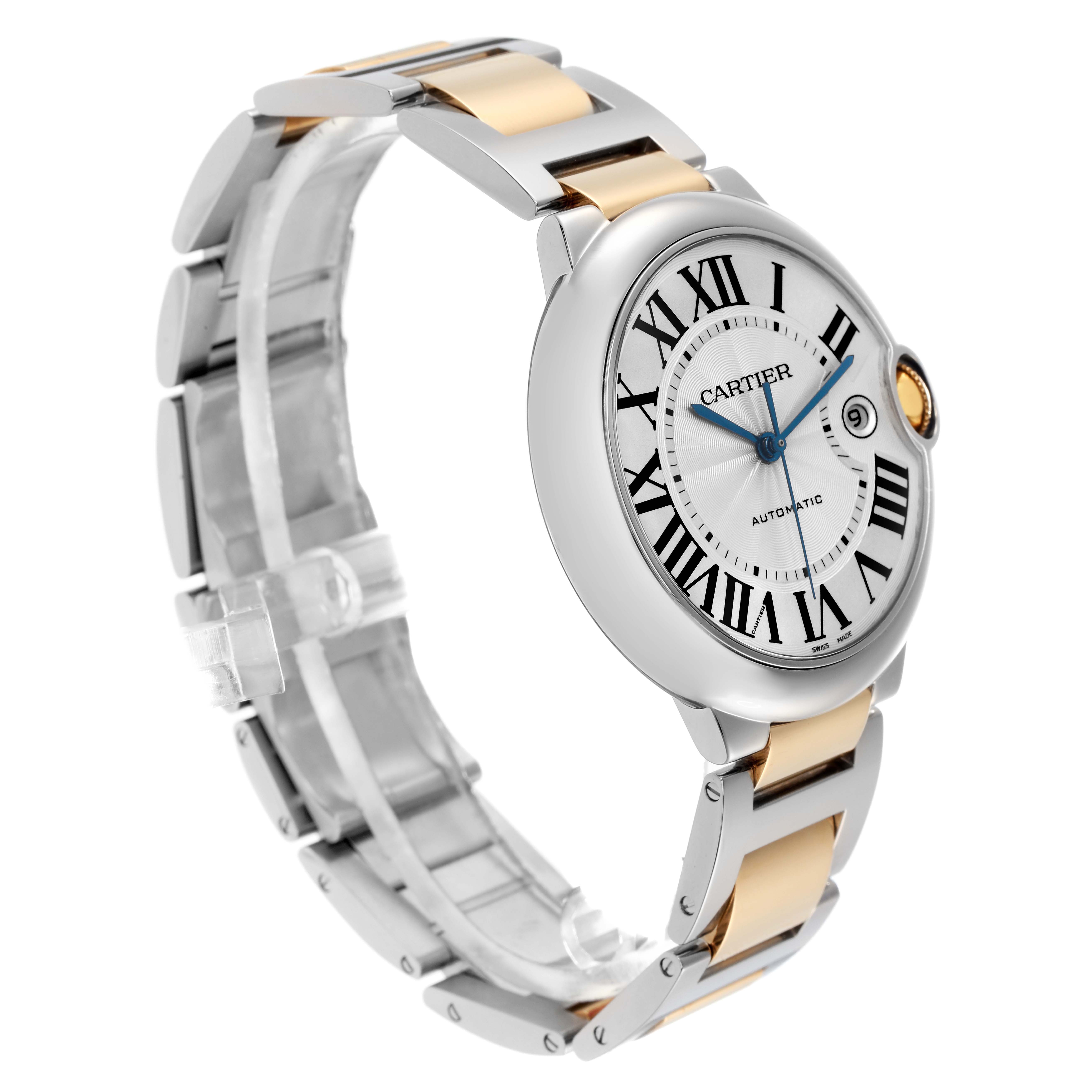 The Cartier Ballon Bleu W69009Z3 Men
s Steel and Gold (two tone) Silver Dial W69009Z3 Men
s Steel and Gold (two tone) Silver Dial watch is shown at a three-quarter angle highlighting its face, Roman numerals, and bi-metal bracelet.