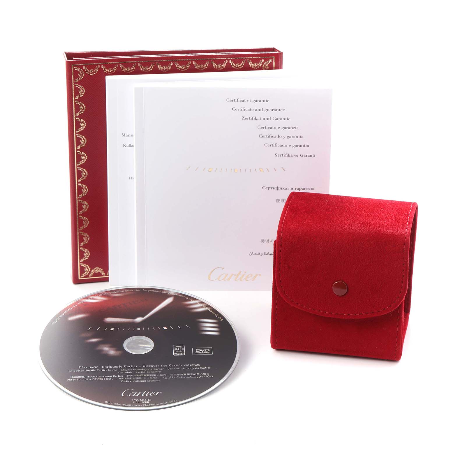 The Cartier Ballon Bleu W69009Z3 Men
s Steel and Gold (two tone) Silver Dial W69009Z3 Men
s Steel and Gold (two tone) Silver Dial accessories include a red suede pouch, a certificate, and a DVD, all shown from a front angle.