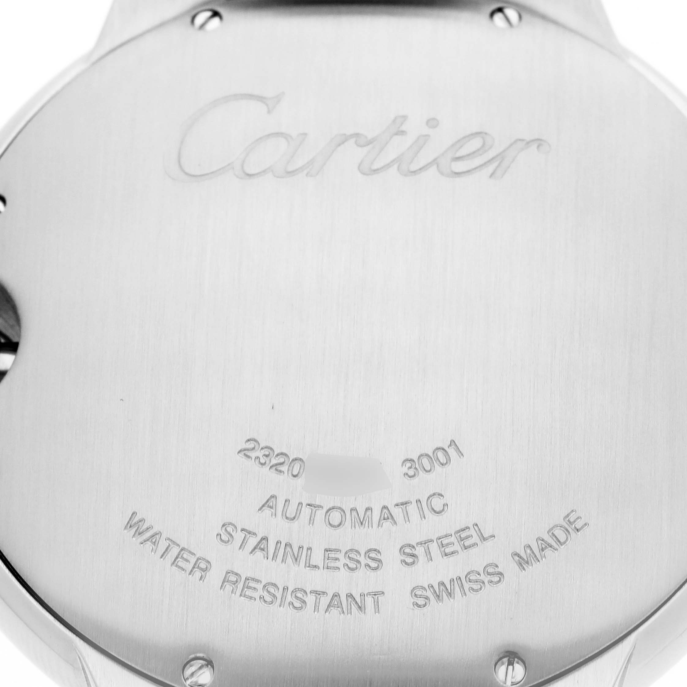 The image shows the back casing of the Cartier Ballon Bleu W69009Z3 Men
s Steel and Gold (two tone) Silver Dial W69009Z3 Men
s Steel and Gold (two tone) Silver Dial watch, engraved with branding and specifications.
