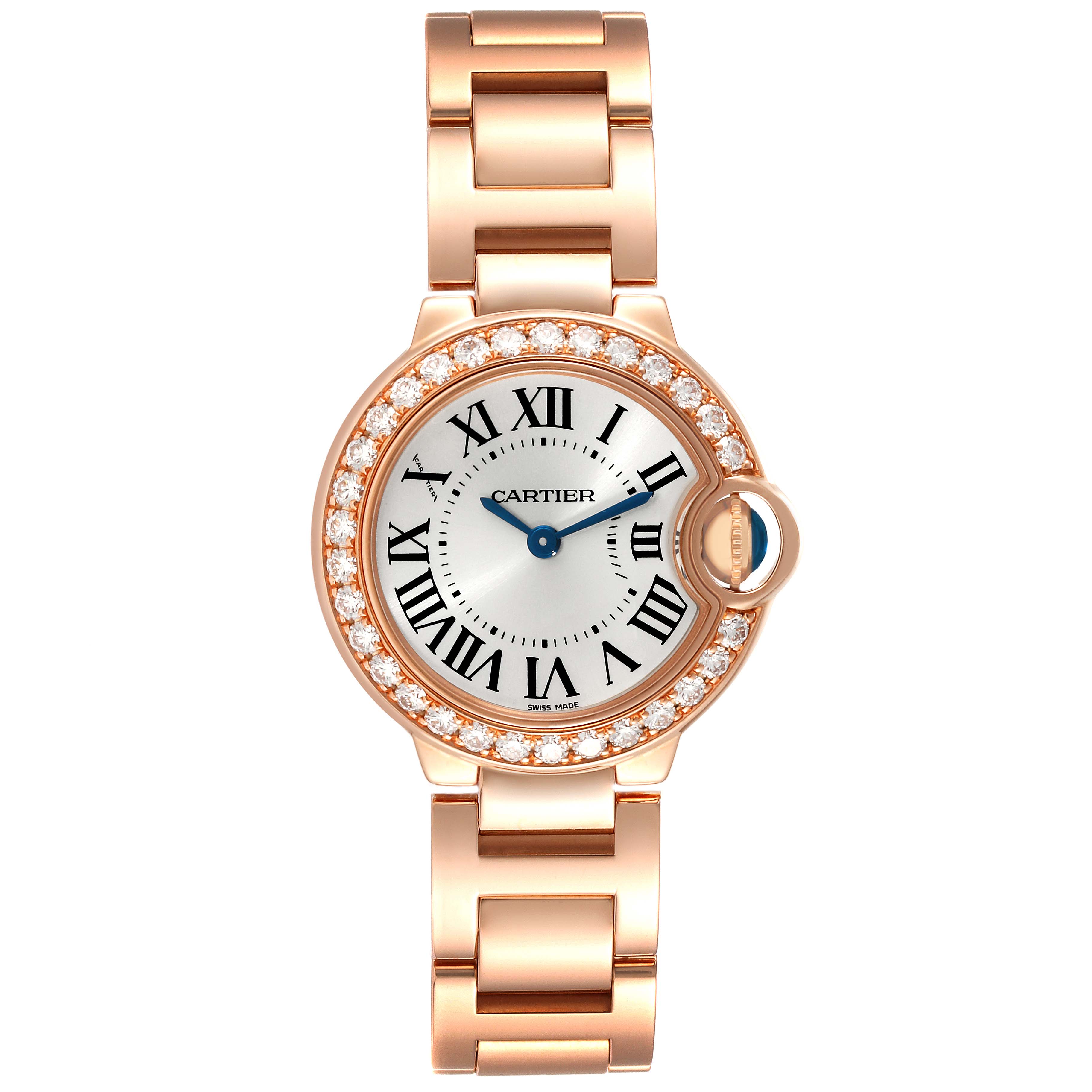 The image shows a front view of a Cartier Ballon Bleu WE9002Z3 Women
s Rose Gold Silver Dial WE9002Z3 Women
s Rose Gold Silver Dial watch, featuring a round face with Roman numerals and a bracelet.