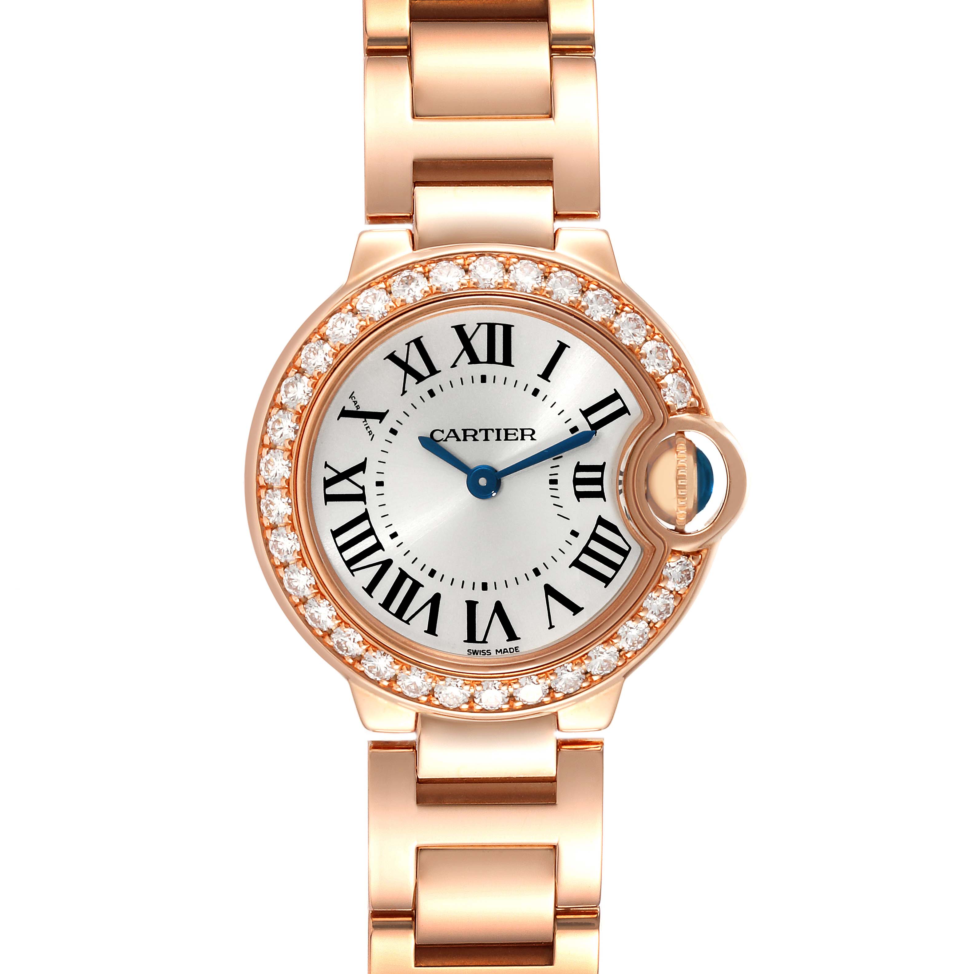 The image shows a front view of the Cartier Ballon Bleu WE9002Z3 Women
s Rose Gold Silver Dial WE9002Z3 Women
s Rose Gold Silver Dial watch, highlighting its face, bezel, and part of the bracelet.
