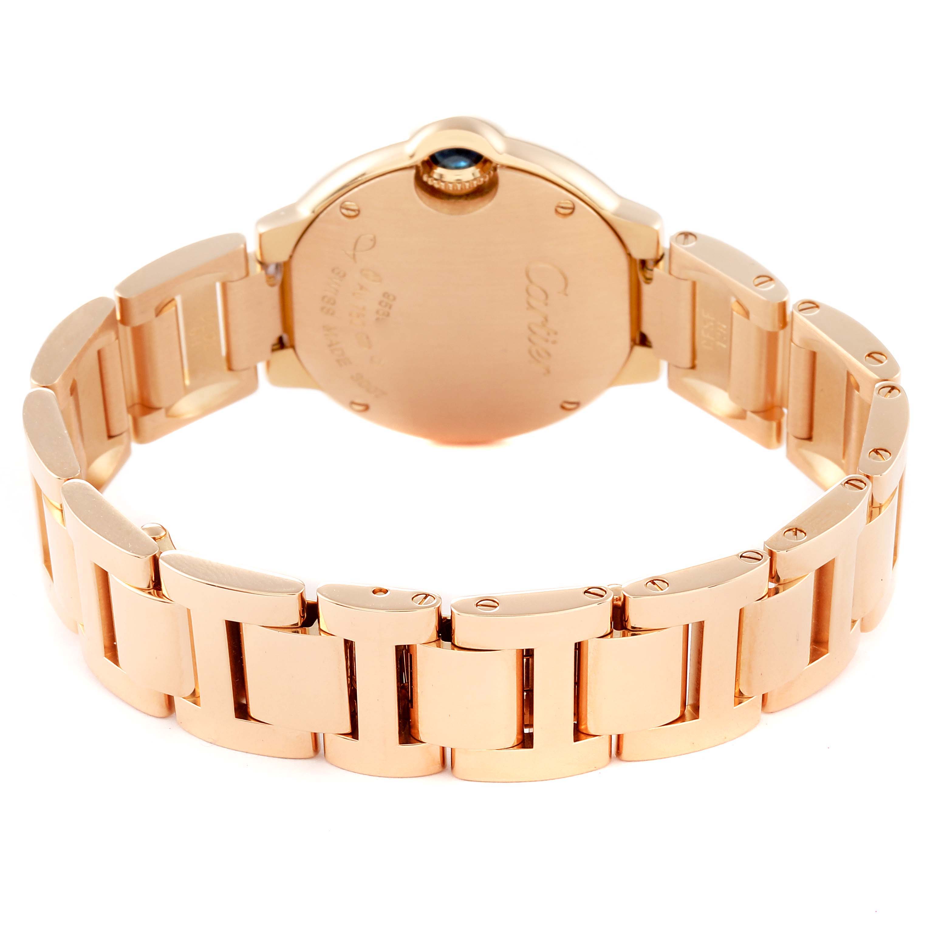 The image shows the backside and bracelet of the Ballon Bleu model by Cartier, highlighting the metal links and clasp.