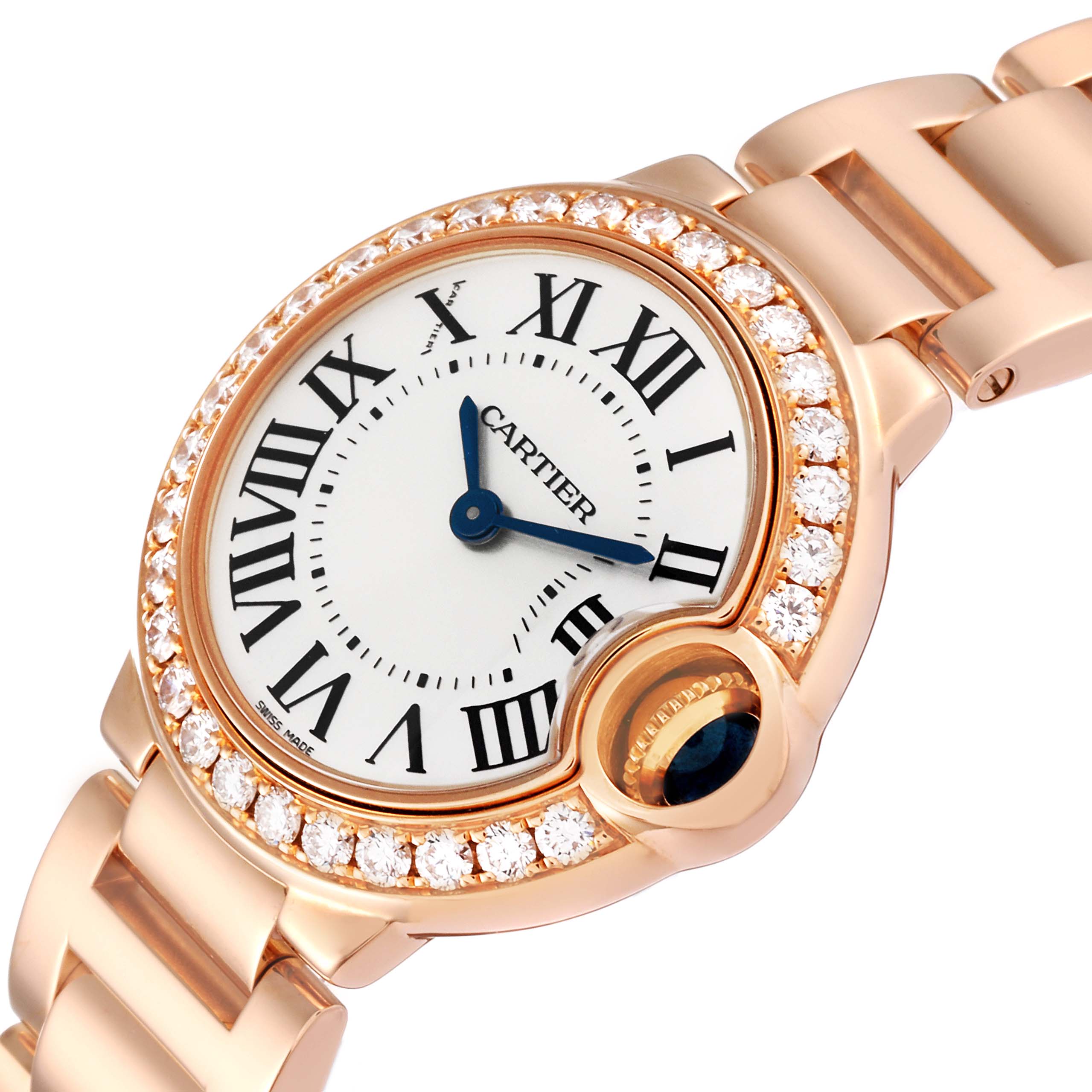 The image shows a close-up of a Cartier Ballon Bleu WE9002Z3 Women
s Rose Gold Silver Dial WE9002Z3 Women
s Rose Gold Silver Dial watch, focusing on the dial, bezel with diamonds, and part of the bracelet.