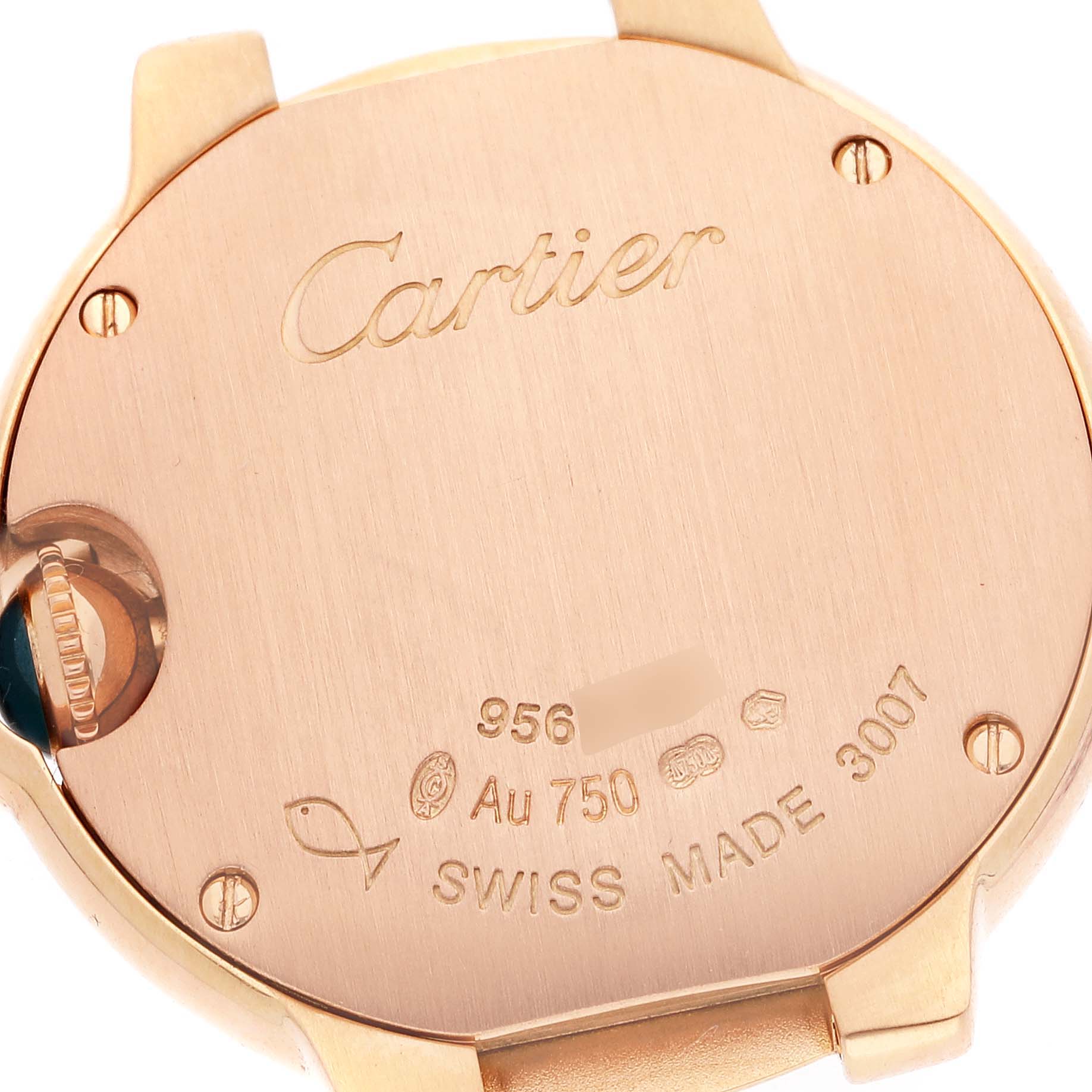The image shows the case back of a Cartier Ballon Bleu WE9002Z3 Women
s Rose Gold Silver Dial WE9002Z3 Women
s Rose Gold Silver Dial watch, highlighting the brand name and Swiss Made markings.
