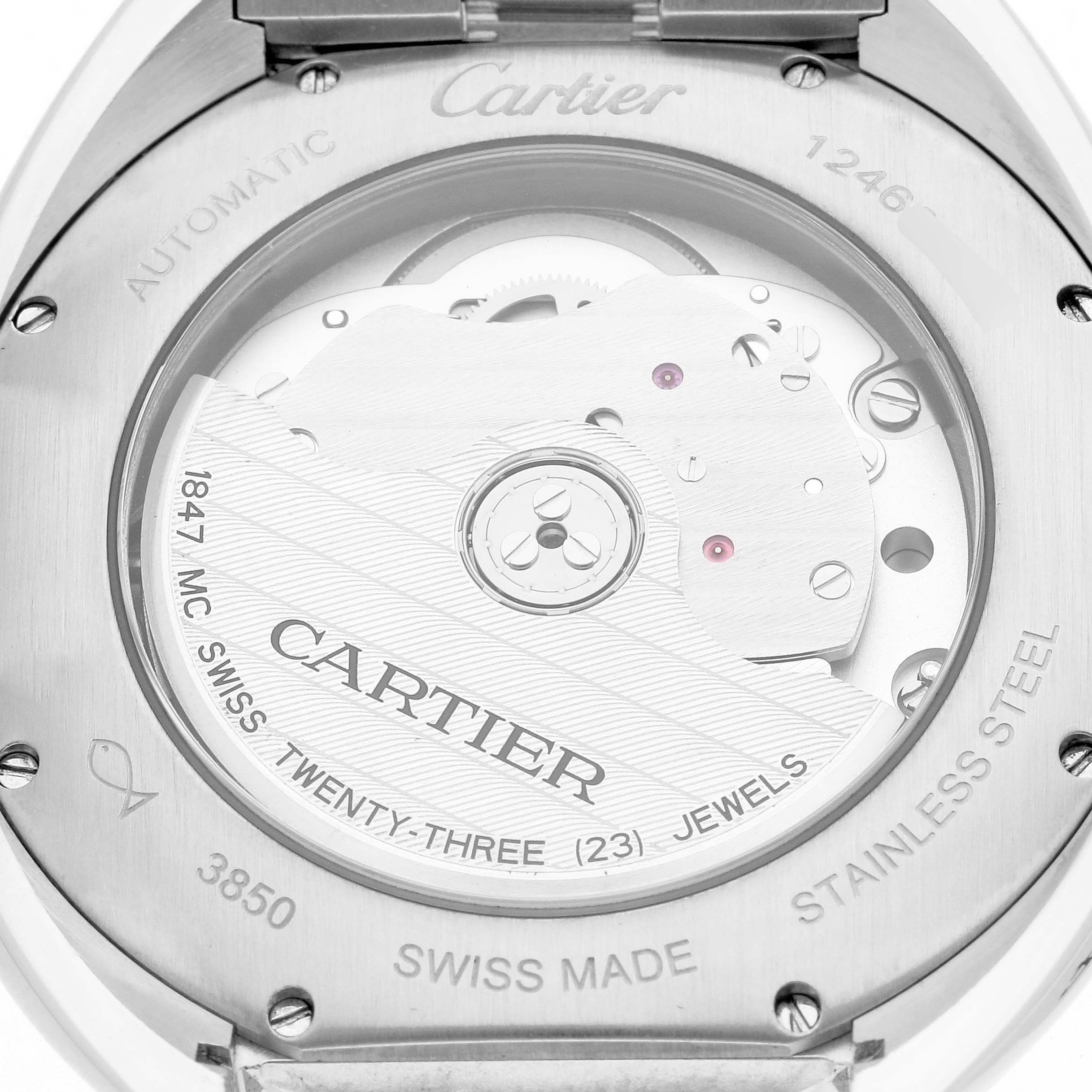 The image shows the back case of the Cartier Clé watch, highlighting its automatic movement and intricate internal mechanics.