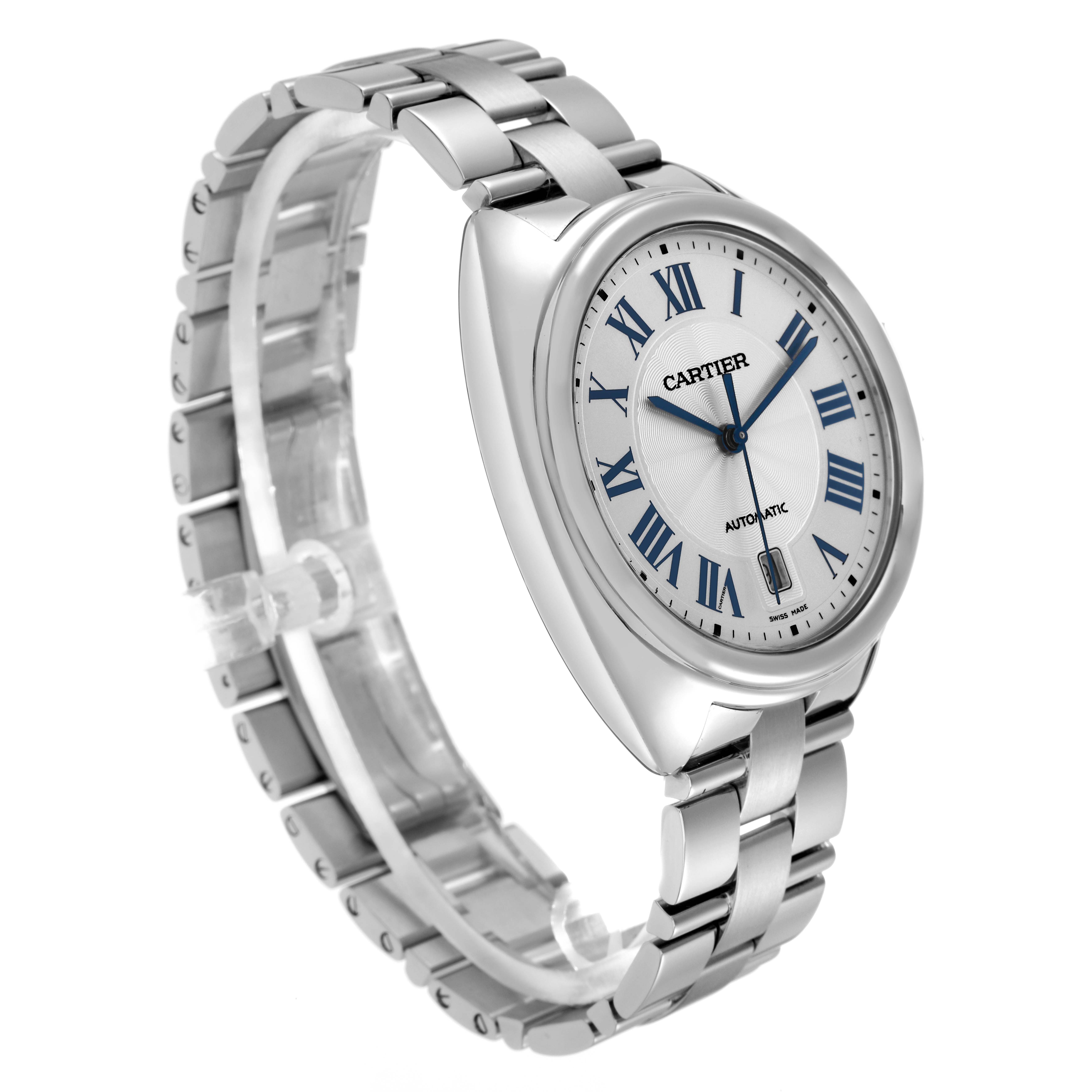The Cartier Clé watch is shown at a three-quarter angle, displaying the face, case, and metal bracelet.