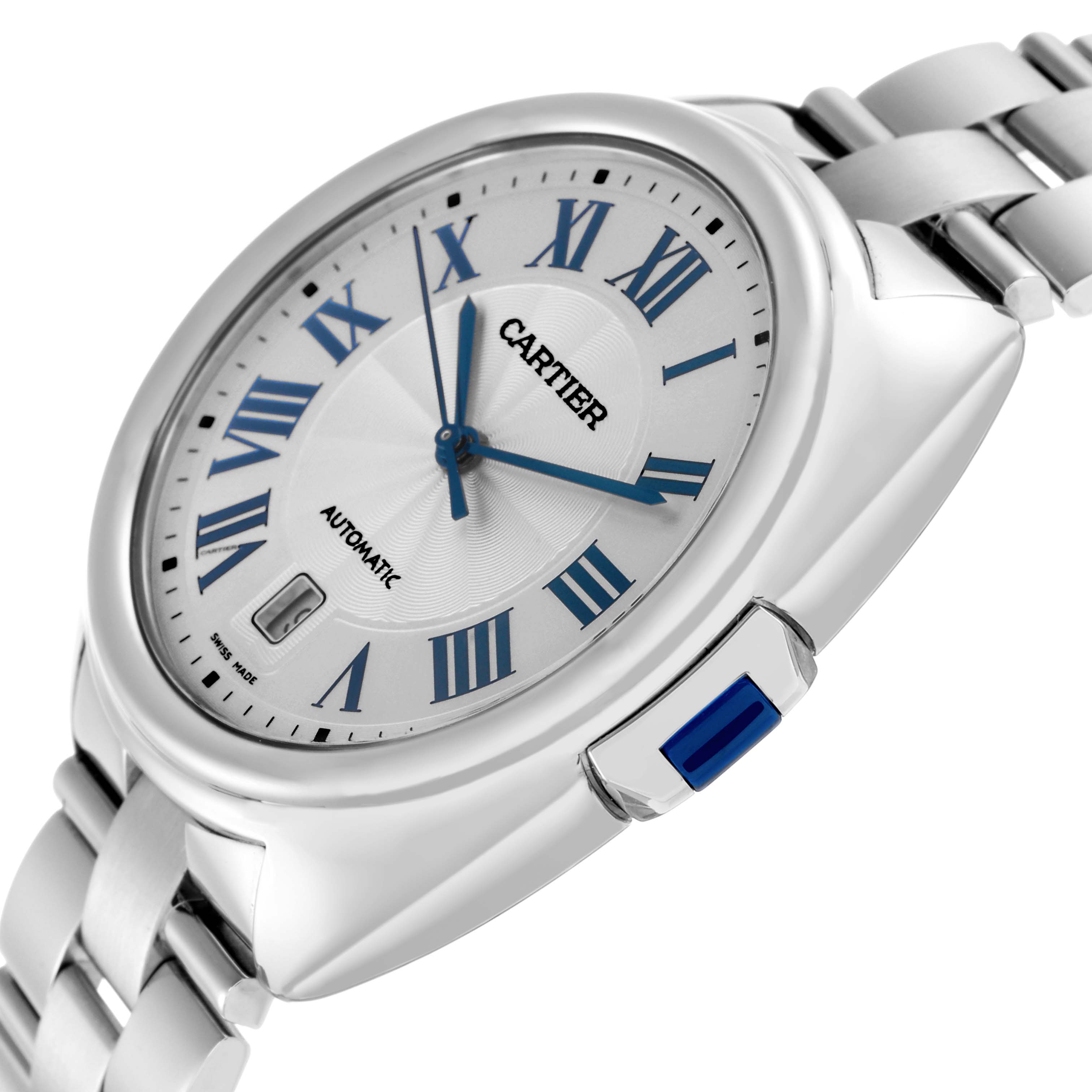 The Cartier Clé watch is shown at a slight angle, displaying its face, Roman numerals, hands, and part of the bracelet.