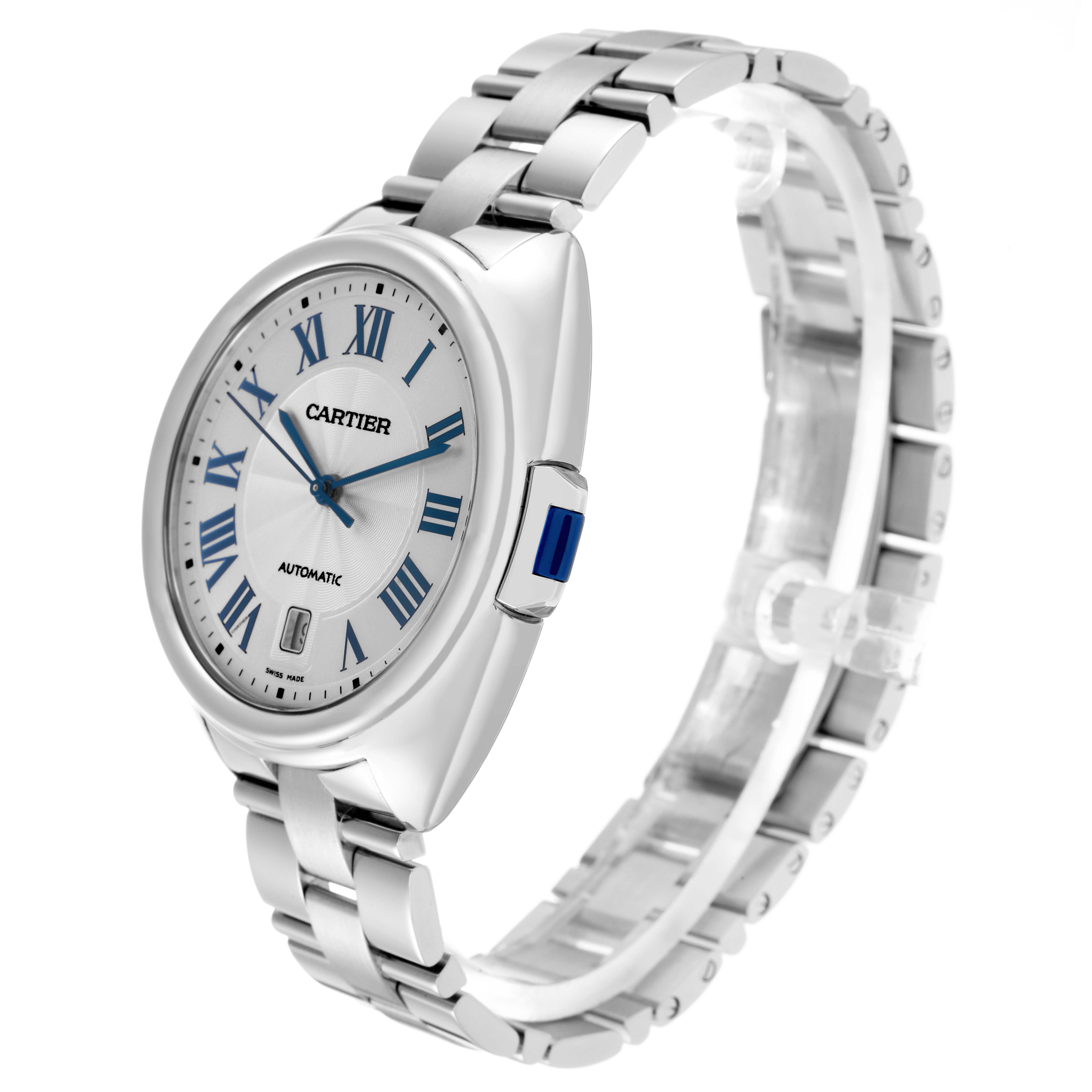 The Cartier Clé watch is shown at a three-quarter angle, displaying the face, bezel, and bracelet in a slightly tilted view.