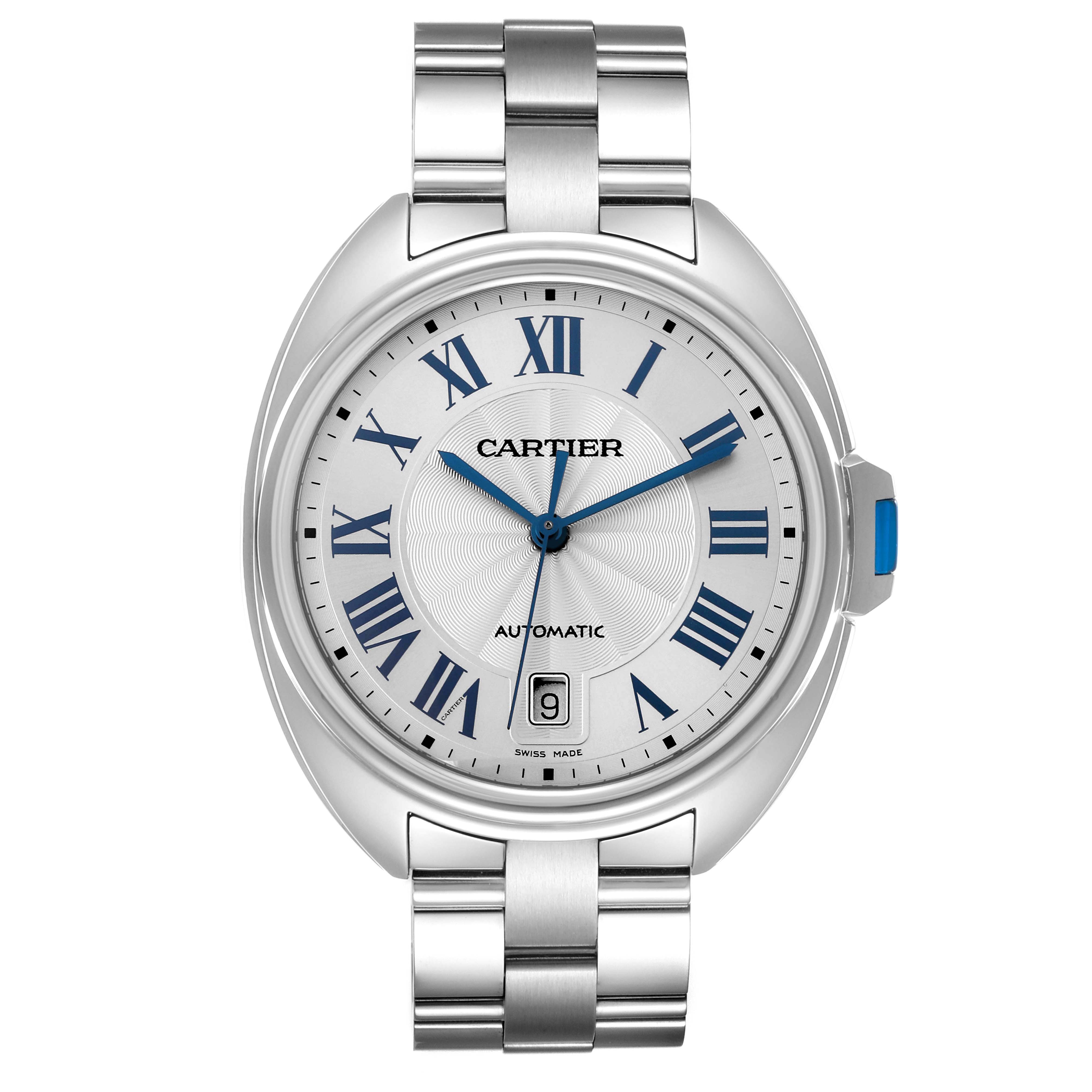 The Cartier Clé watch is shown from the front, displaying its dial, hands, date window, and part of the bracelet.