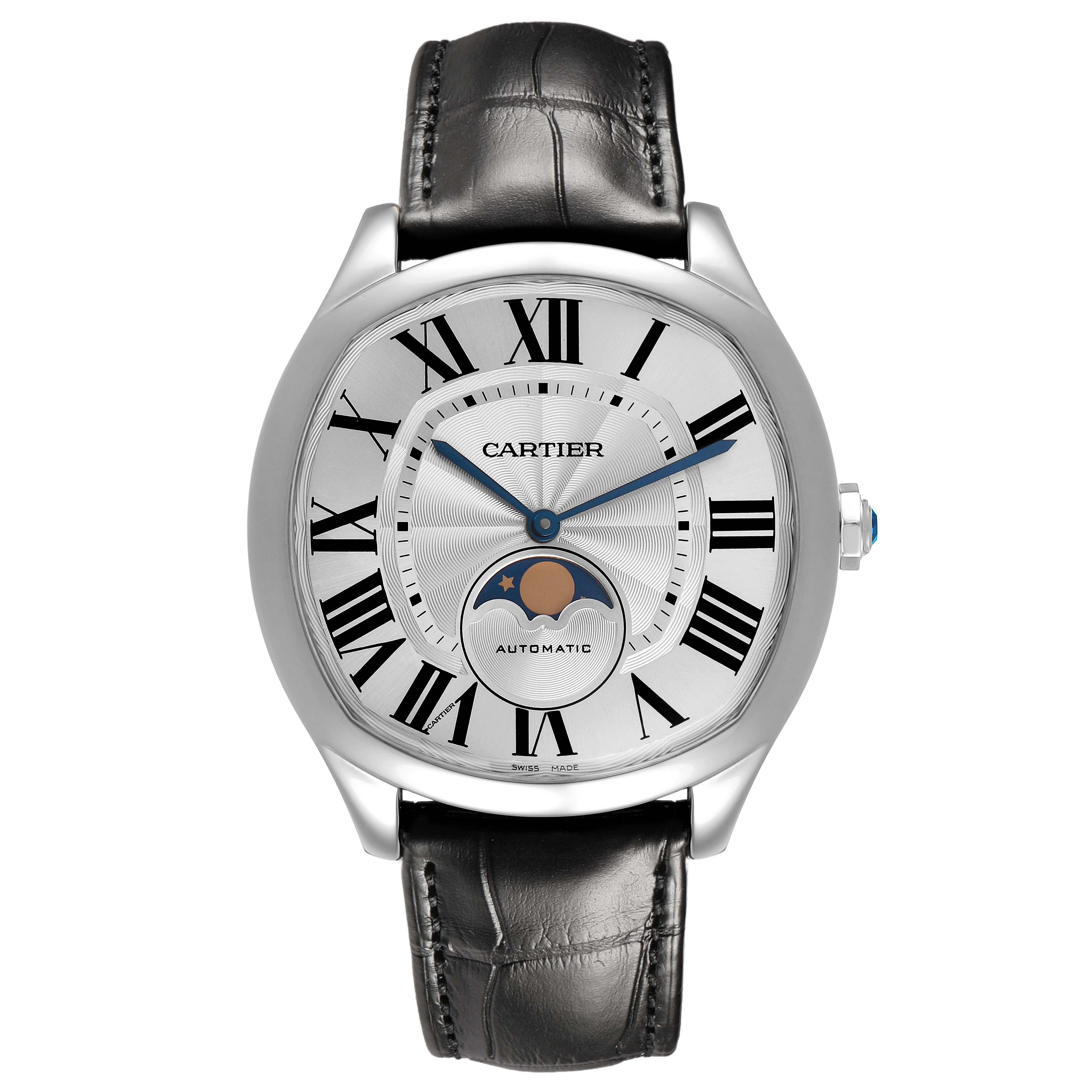 The Drive de Cartier watch by Cartier is shown from the front, displaying the dial, Roman numerals, moon phase, and leather strap.
