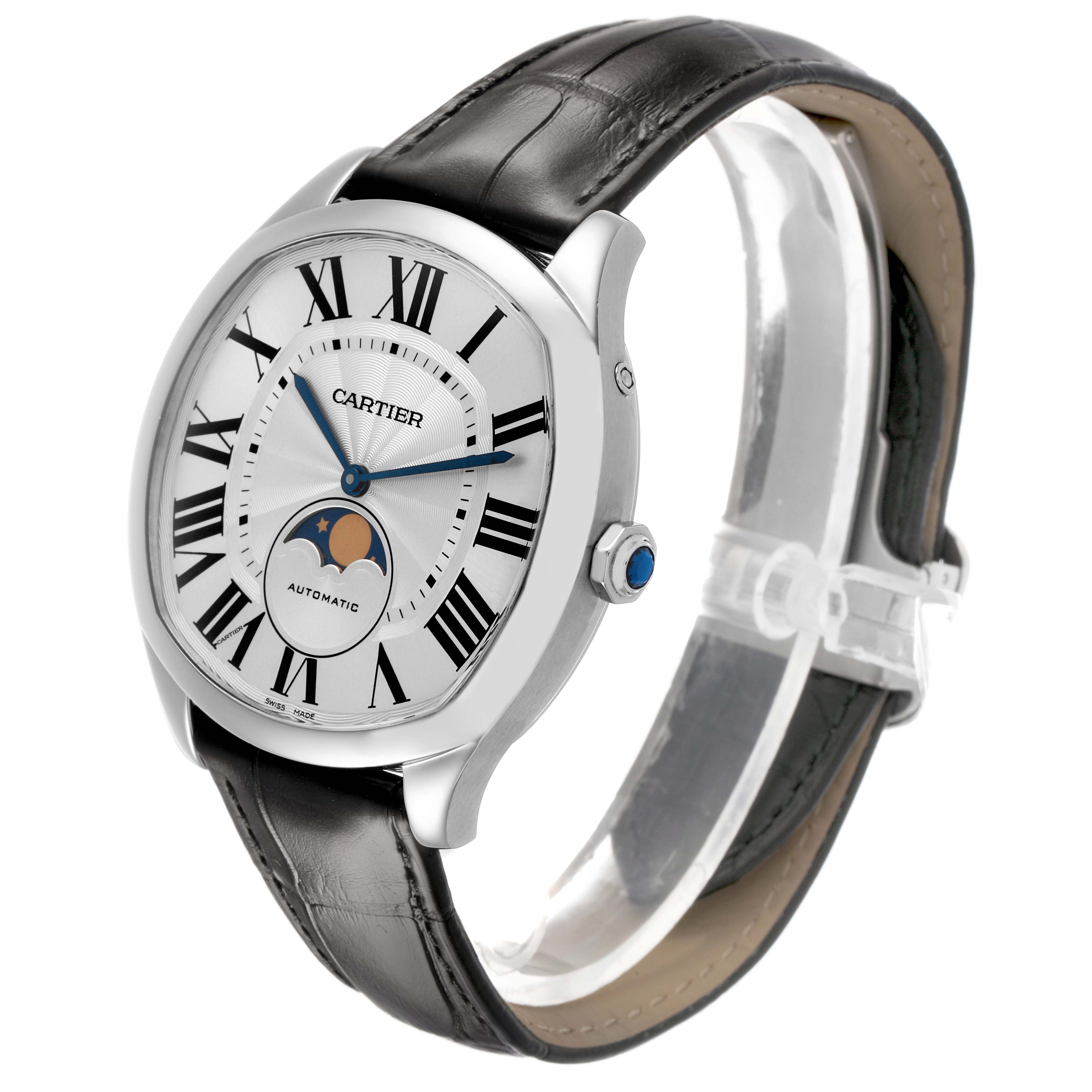 The Drive de Cartier watch is shown at an angled side view, highlighting the face, crown, and leather strap.