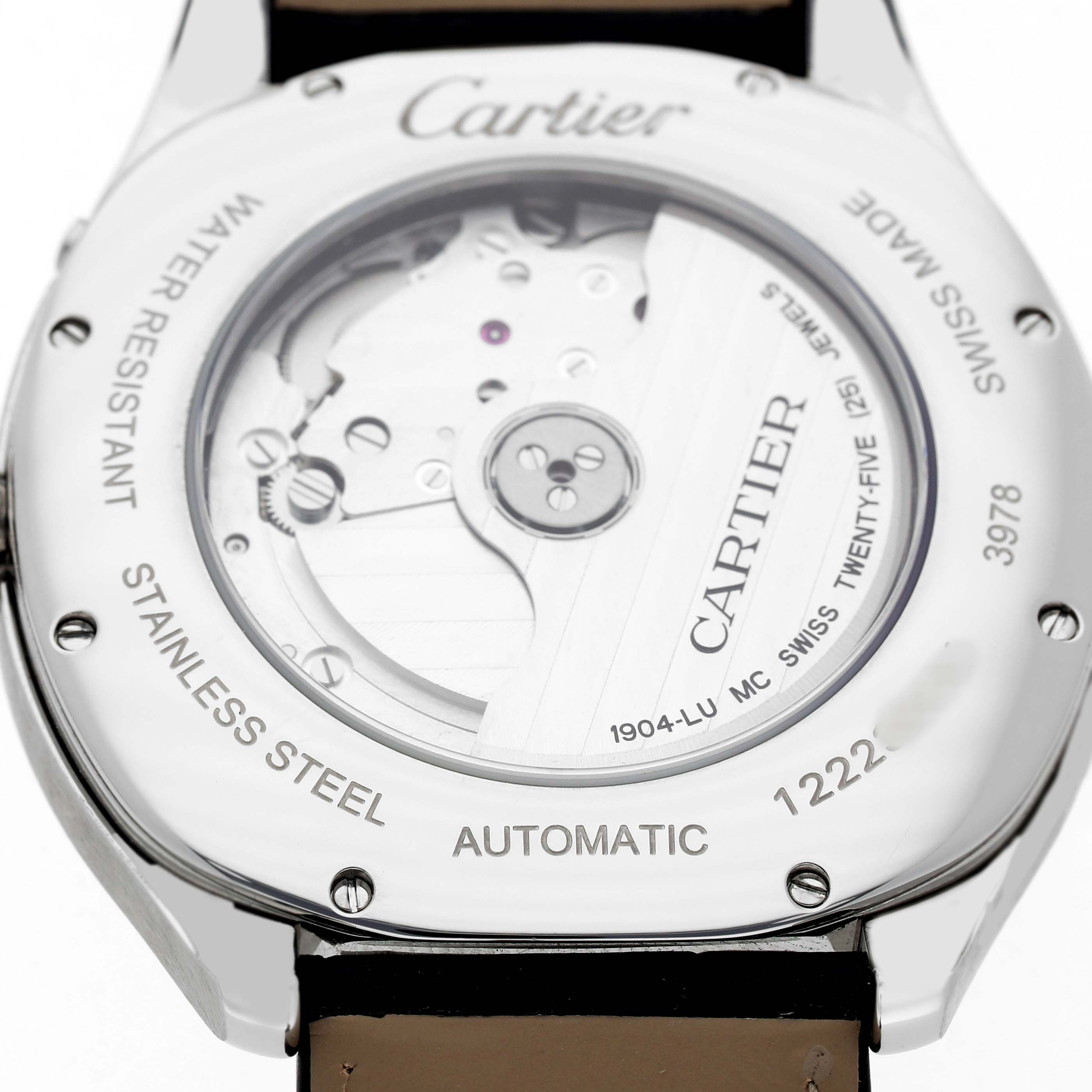 The image shows the back case of the Drive de Cartier watch by Cartier, highlighting the automatic movement and engravings.