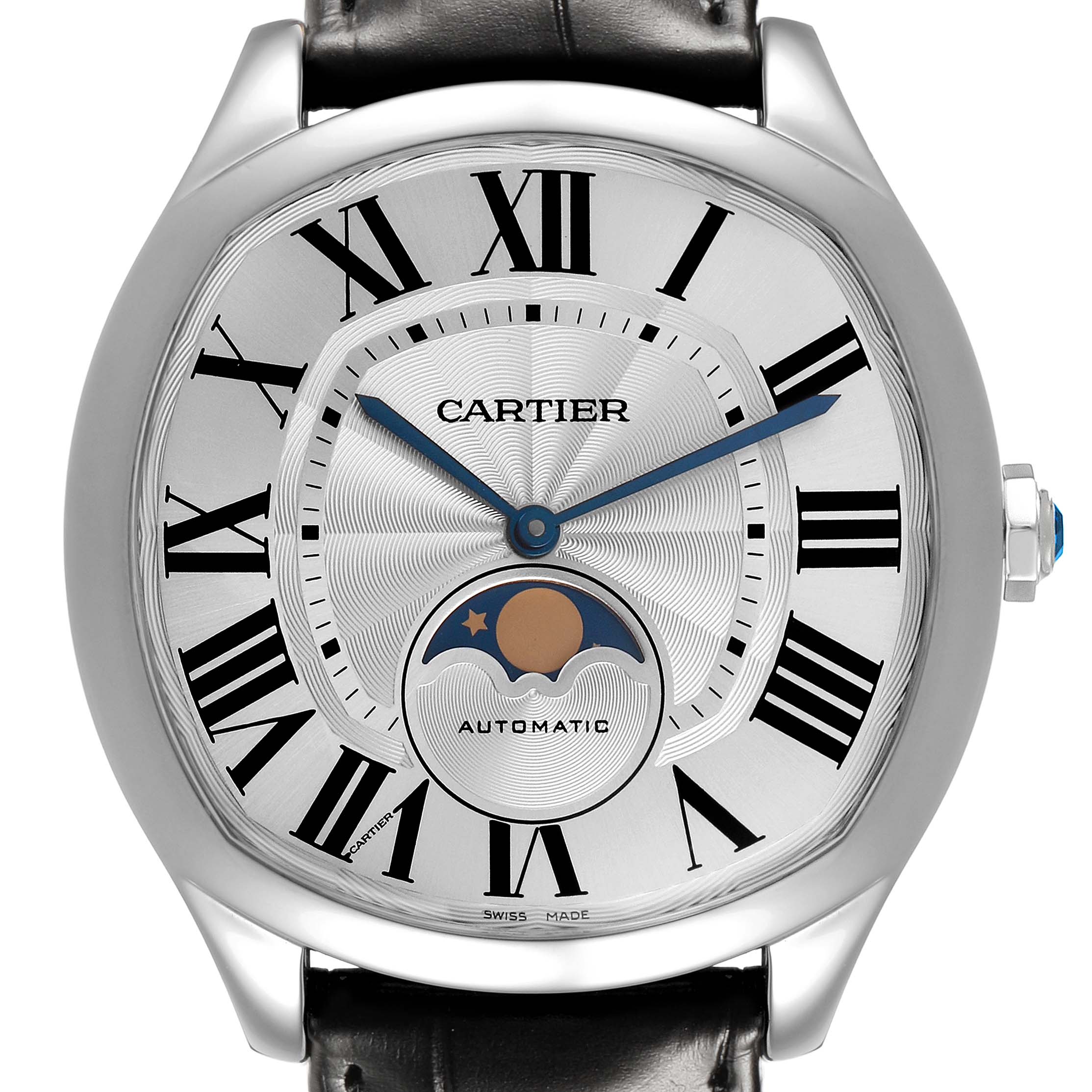 The Drive de Cartier watch is shown from the front, featuring a silver dial, Roman numerals, and a moon phase indicator.