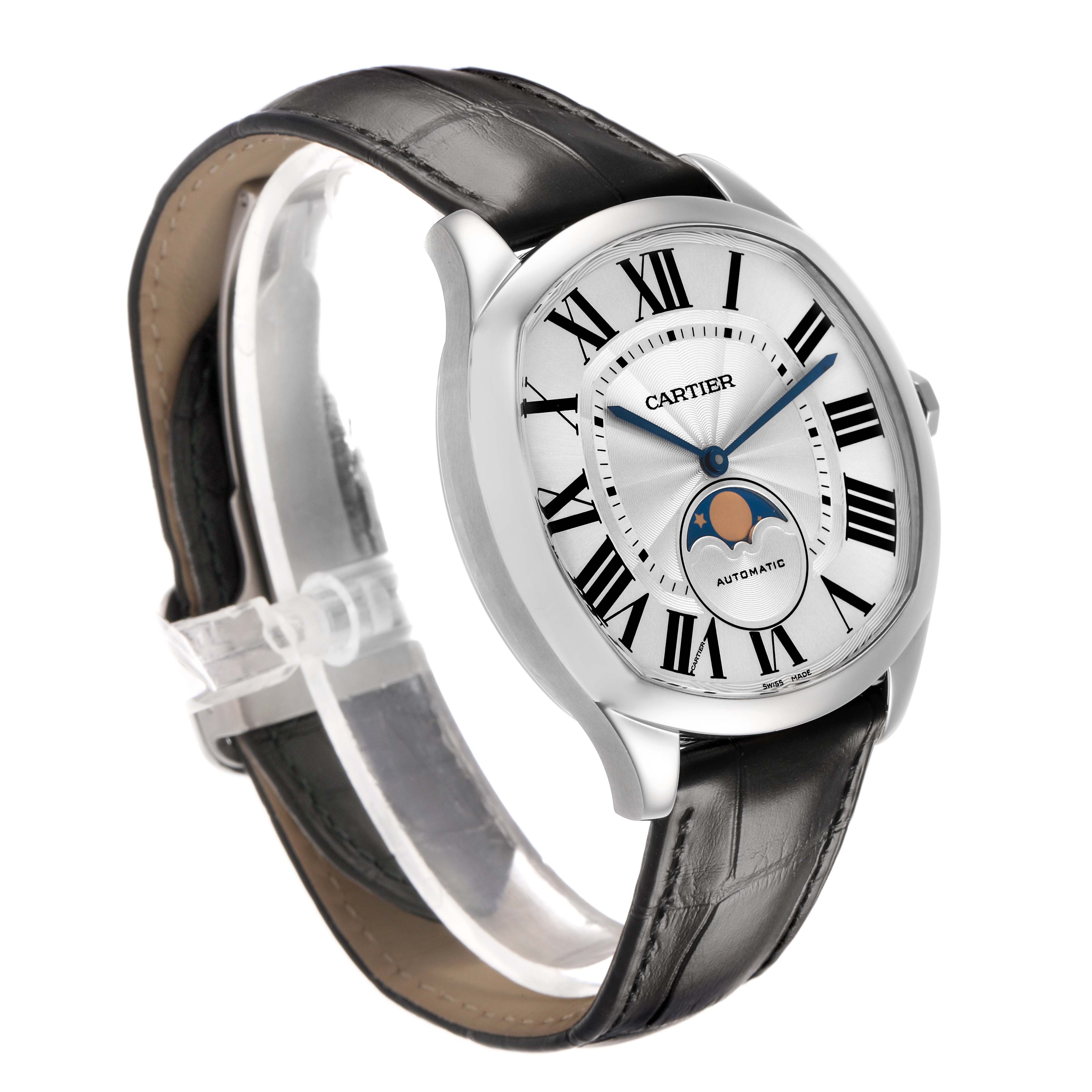 The Drive de Cartier watch is shown at a three-quarter view, highlighting its face, leather strap, and moon phase indicator.