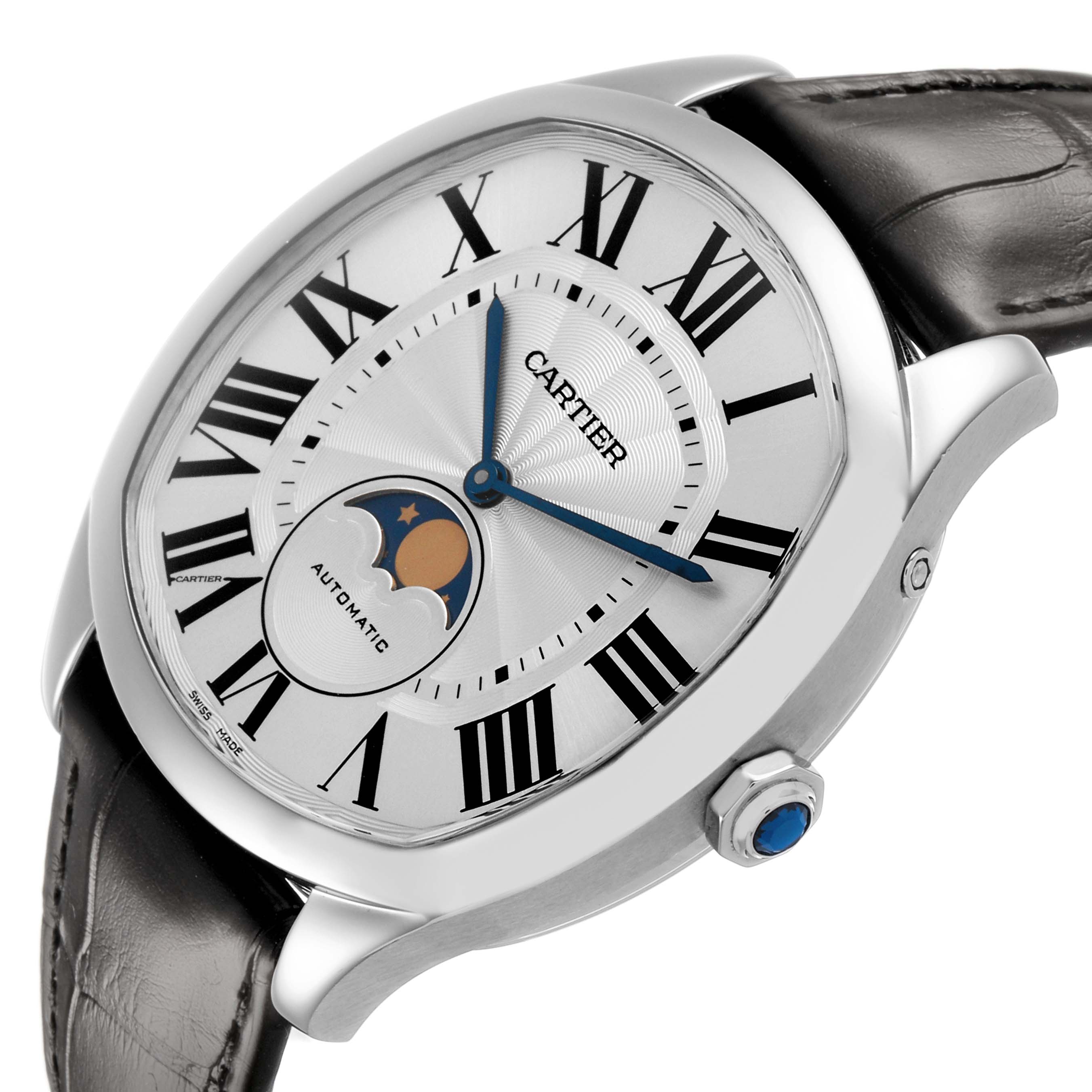 The Drive de Cartier watch is shown at a three-quarter angle, highlighting the dial, Roman numerals, moonphase, and crown.