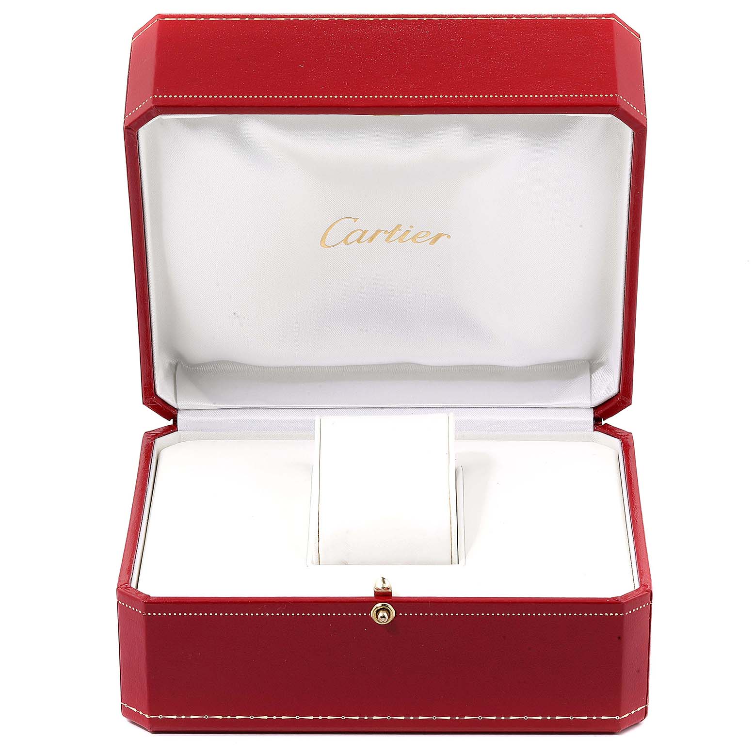 The image shows an empty red Cartier Panthere W25028B8 Men
s Steel and Gold (two tone) Silver Dial W25028B8 Men
s Steel and Gold (two tone) Silver Dial watch box, open to display its inner cushioning.