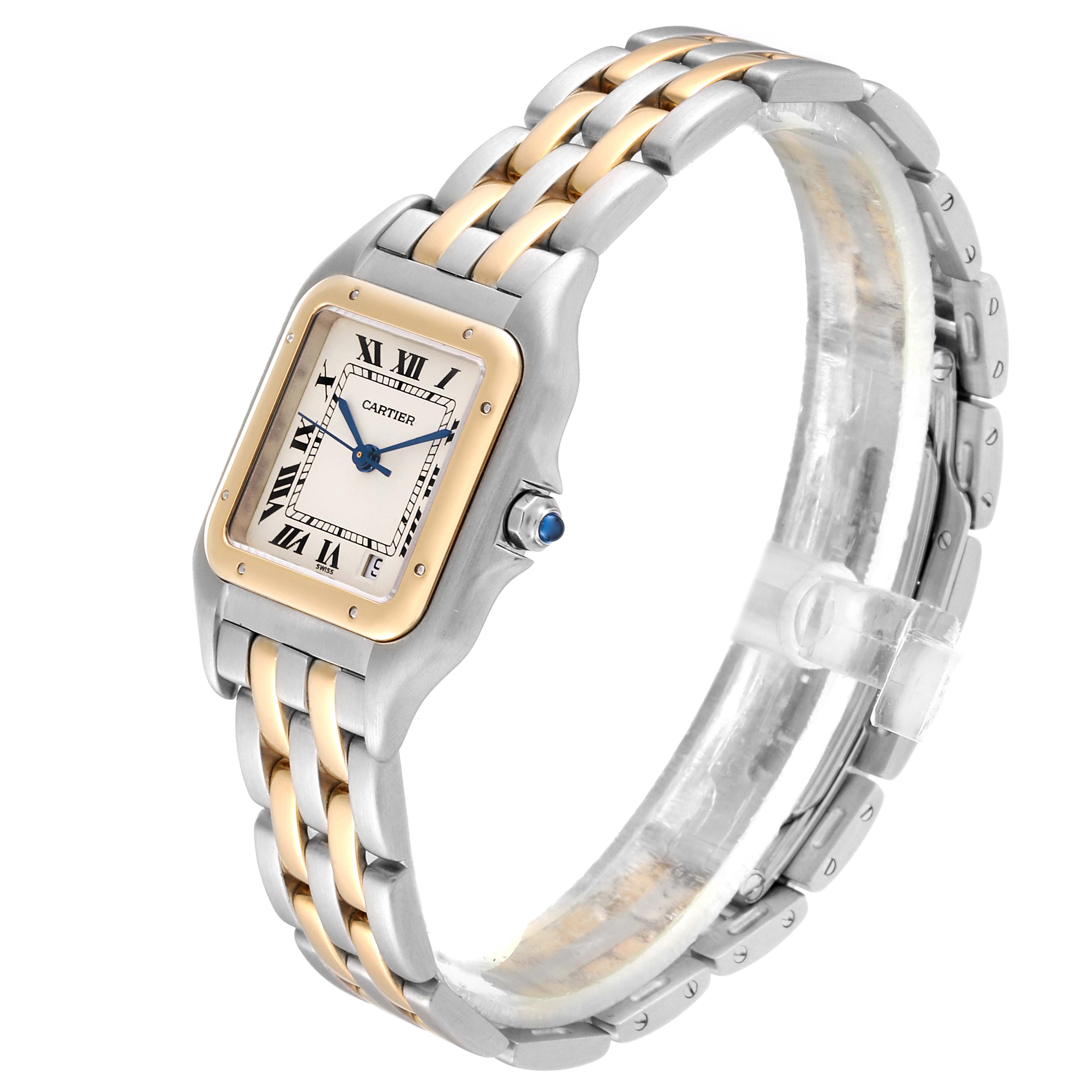 The Cartier Panthere W25028B8 Men
s Steel and Gold (two tone) Silver Dial W25028B8 Men
s Steel and Gold (two tone) Silver Dial watch is shown at an angle that highlights its face, bezel, crown, and bracelet.