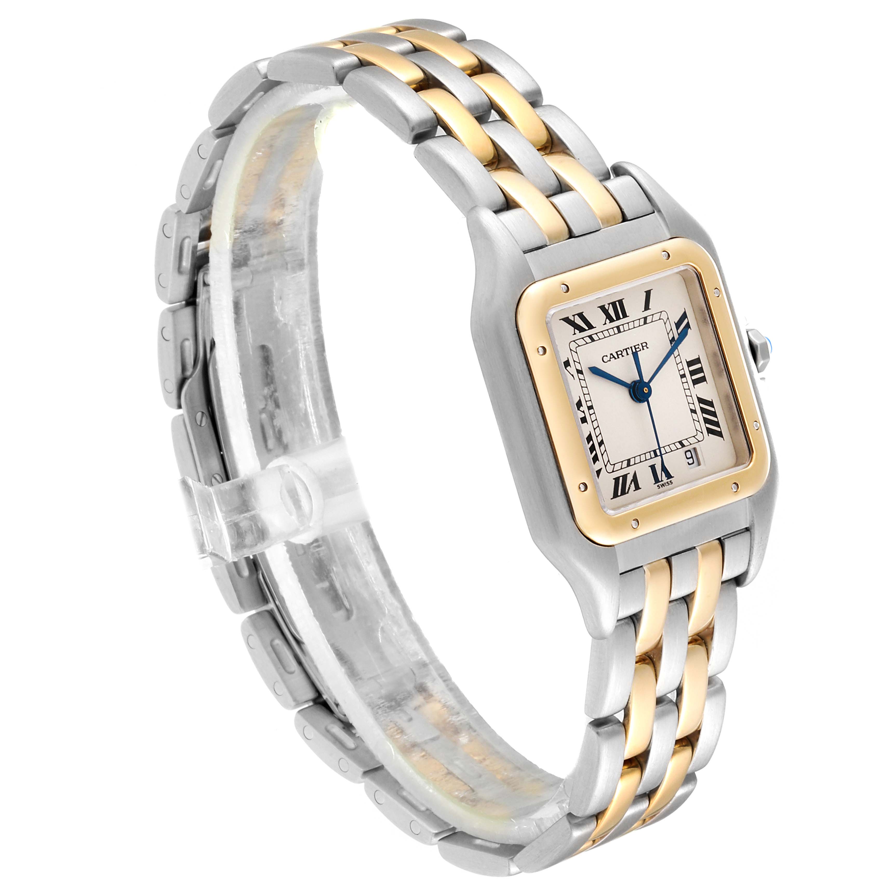 The image shows a side angle of the Panthere model by Cartier, highlighting its two-tone metal bracelet, square face, and Roman numerals.