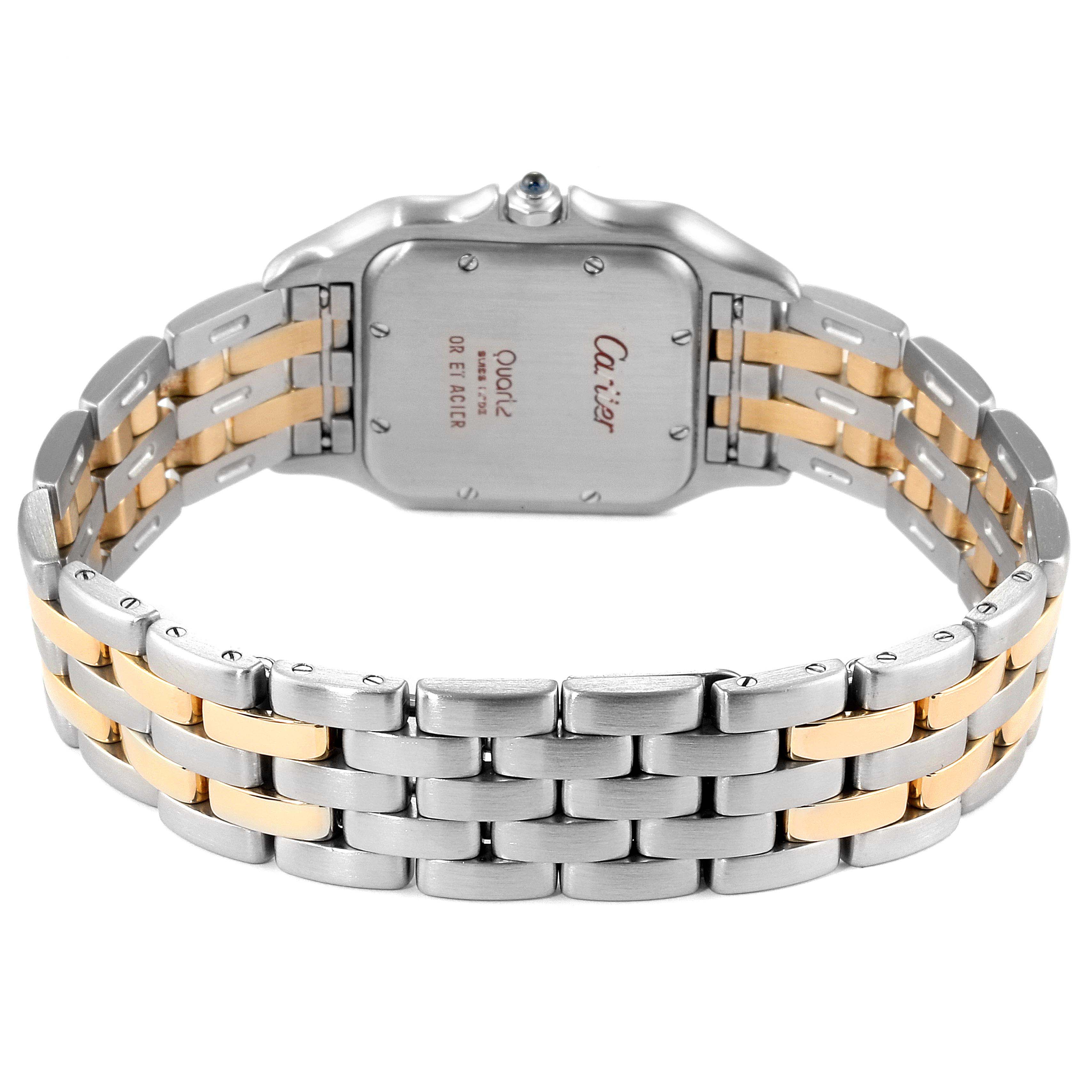 The image shows the back view of a Cartier Panthere W25028B8 Men
s Steel and Gold (two tone) Silver Dial W25028B8 Men
s Steel and Gold (two tone) Silver Dial model watch, highlighting its two-tone metal bracelet and case back.