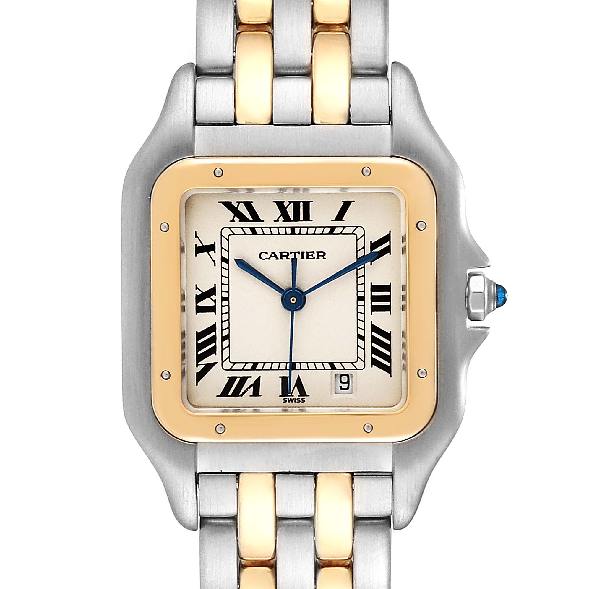 This front-angle view of the Cartier Panthere W25028B8 Men
s Steel and Gold (two tone) Silver Dial W25028B8 Men
s Steel and Gold (two tone) Silver Dial model watch shows the dial, case, crown, and part of the bracelet.