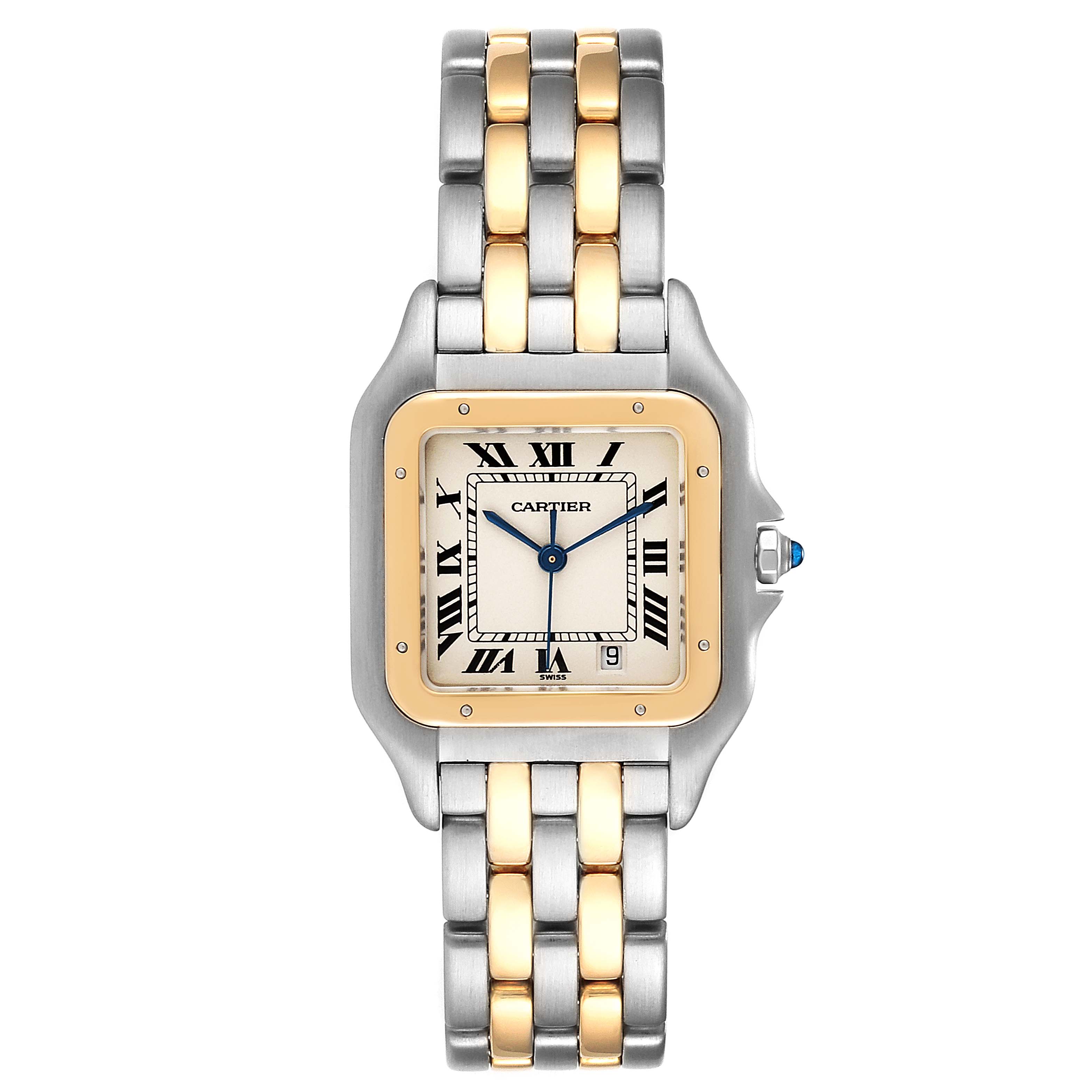 The image shows a front view of the Cartier Panthere W25028B8 Men
s Steel and Gold (two tone) Silver Dial W25028B8 Men
s Steel and Gold (two tone) Silver Dial model watch, featuring a two-tone metal band, Roman numeral dial, and blue hands.