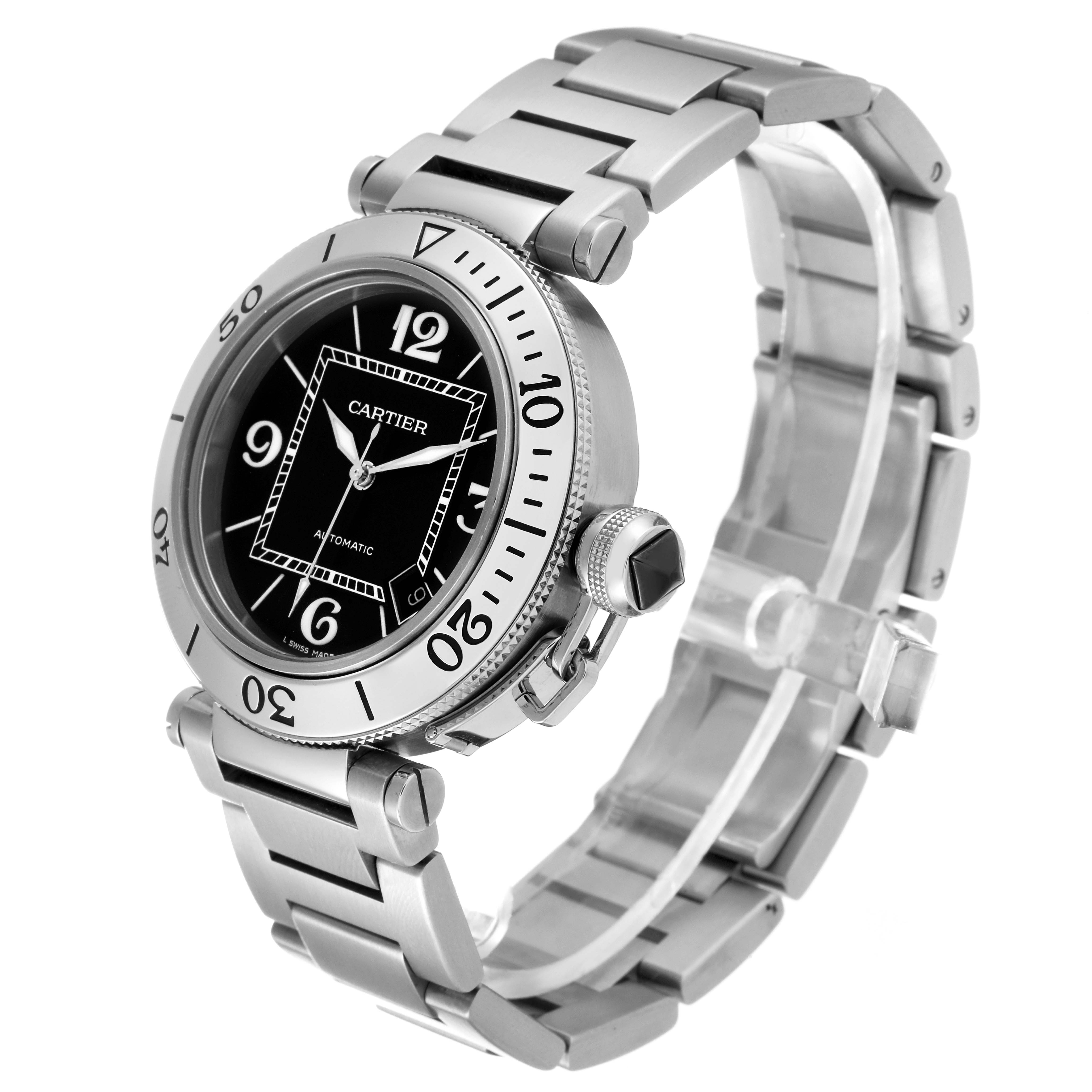 The image shows a Cartier Pasha W31077M7 Men's Stainless Steel Black Dial W31077M7 Men's Stainless Steel Black Dial watch at a three-quarter angle, displaying the face, bezel, crown, and part of the bracelet.