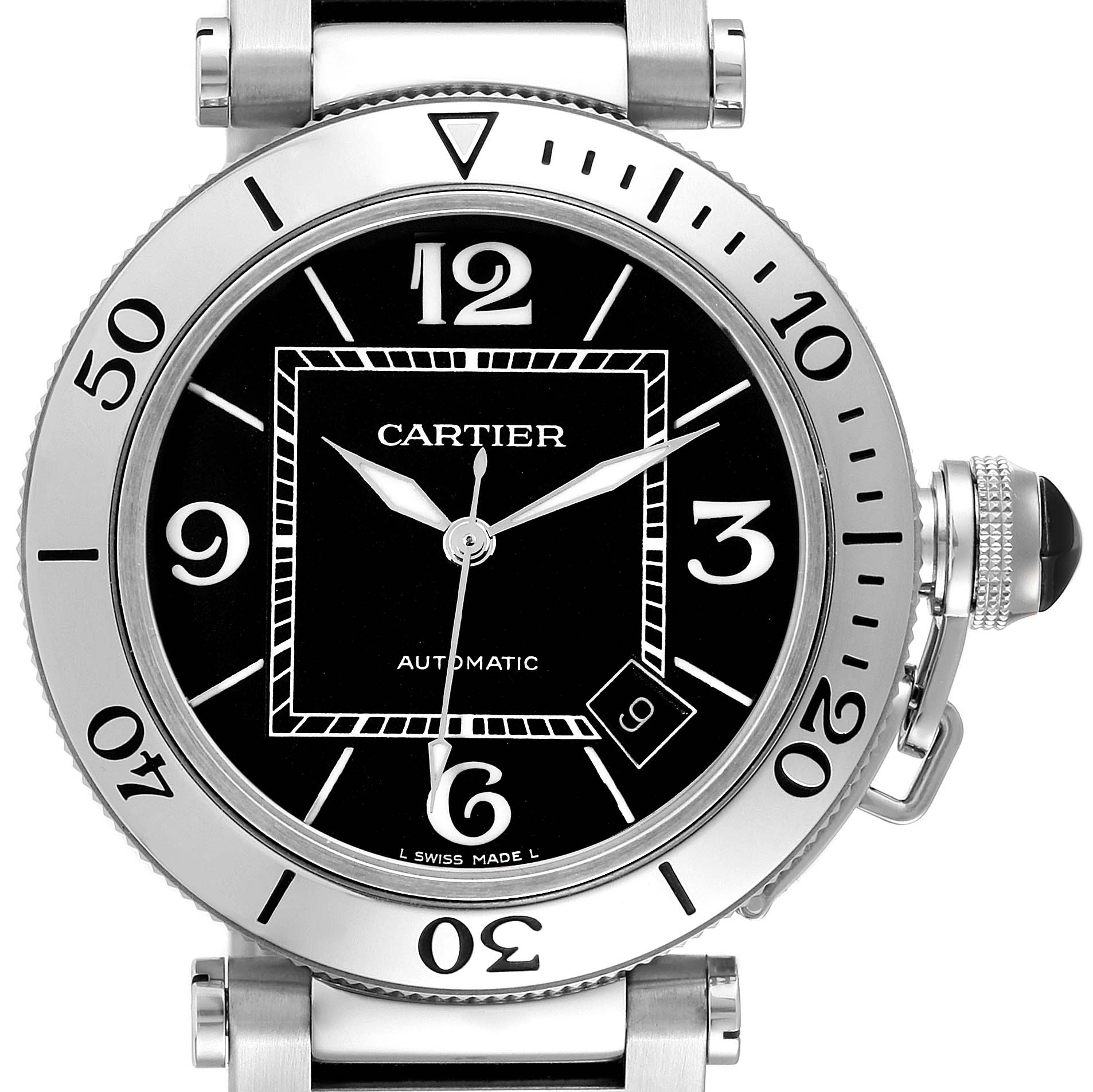 The image shows a frontal view of a Cartier Pasha W31077M7 Men's Stainless Steel Black Dial W31077M7 Men's Stainless Steel Black Dial watch, highlighting the dial, bezel, crown, and part of the strap.