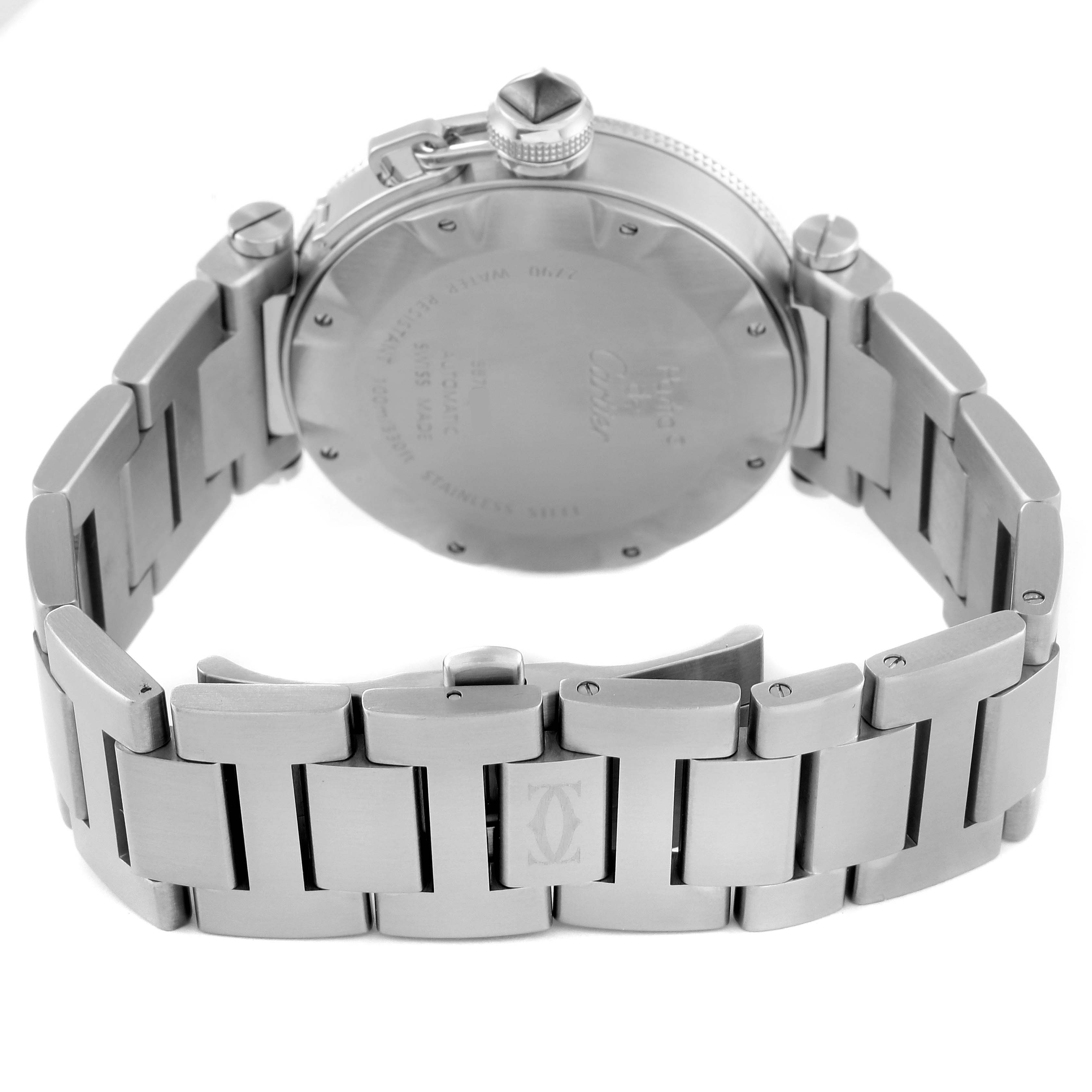 The image shows the back and bracelet of a Cartier Pasha W31077M7 Men's Stainless Steel Black Dial W31077M7 Men's Stainless Steel Black Dial watch, focusing on the case back and stainless steel links.