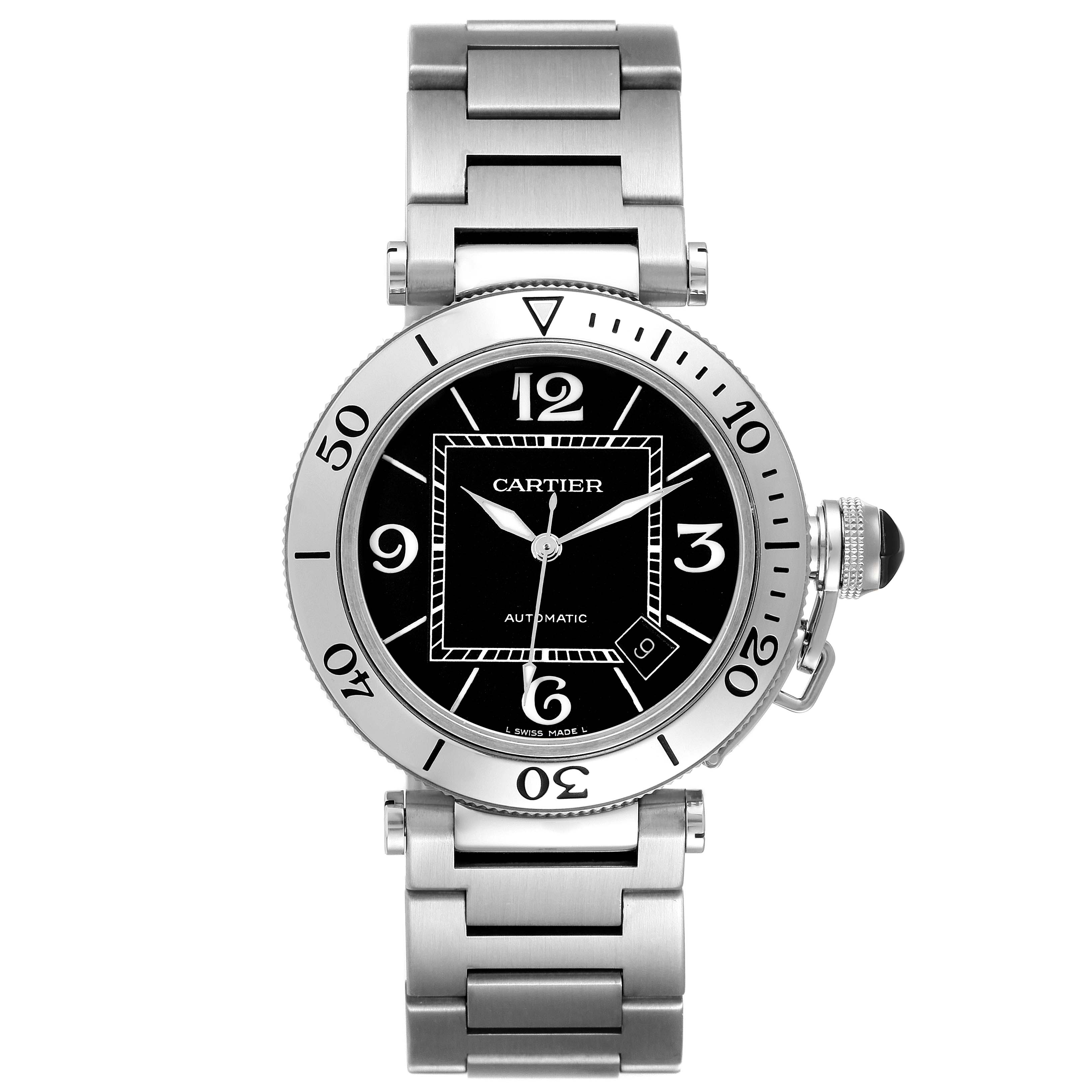 The Cartier Pasha W31077M7 Men's Stainless Steel Black Dial W31077M7 Men's Stainless Steel Black Dial watch is shown from a front angle, displaying the entire face and stainless steel bracelet.