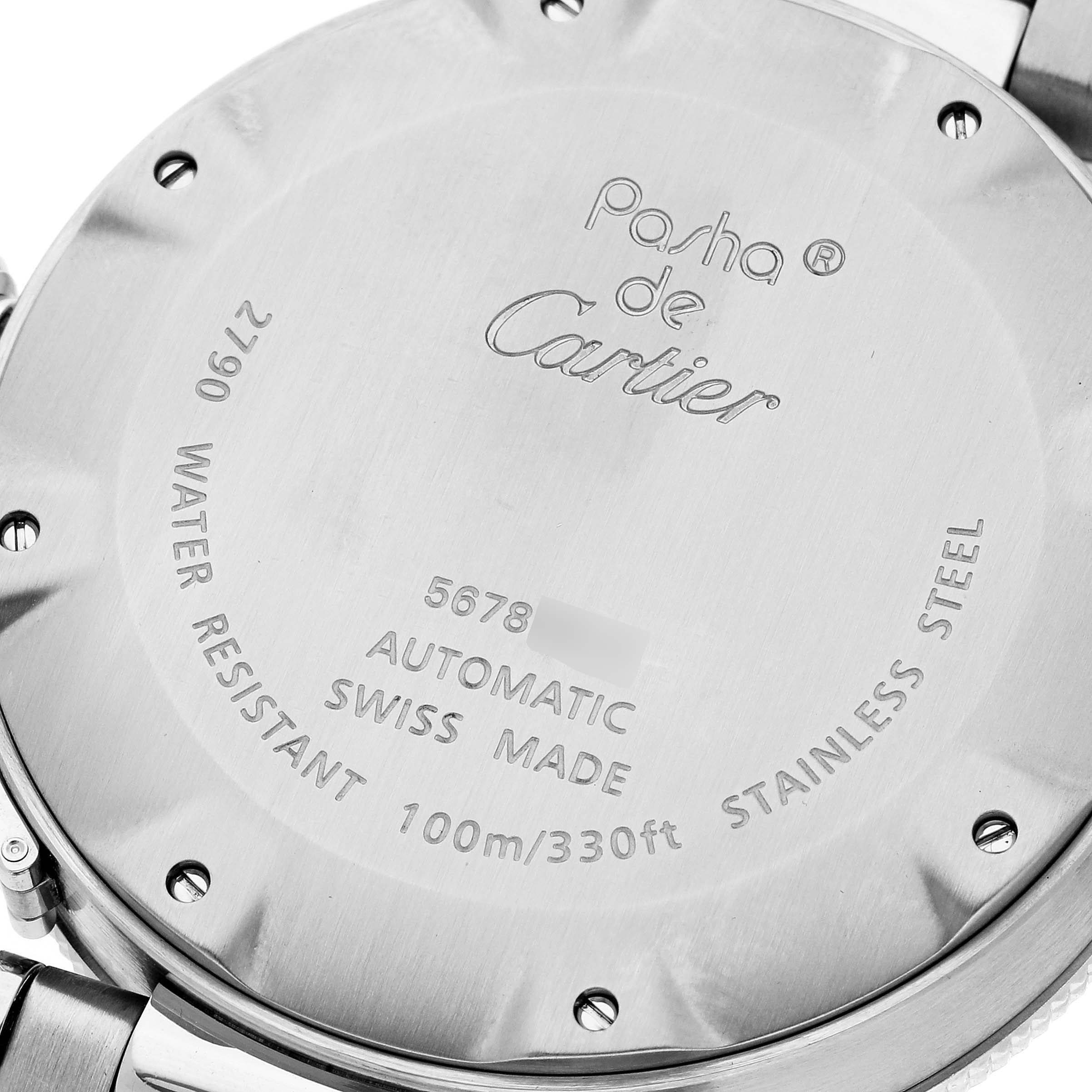 This image shows the back of the Cartier Pasha W31077M7 Men's Stainless Steel Black Dial W31077M7 Men's Stainless Steel Black Dial watch, highlighting the model details and specifications.