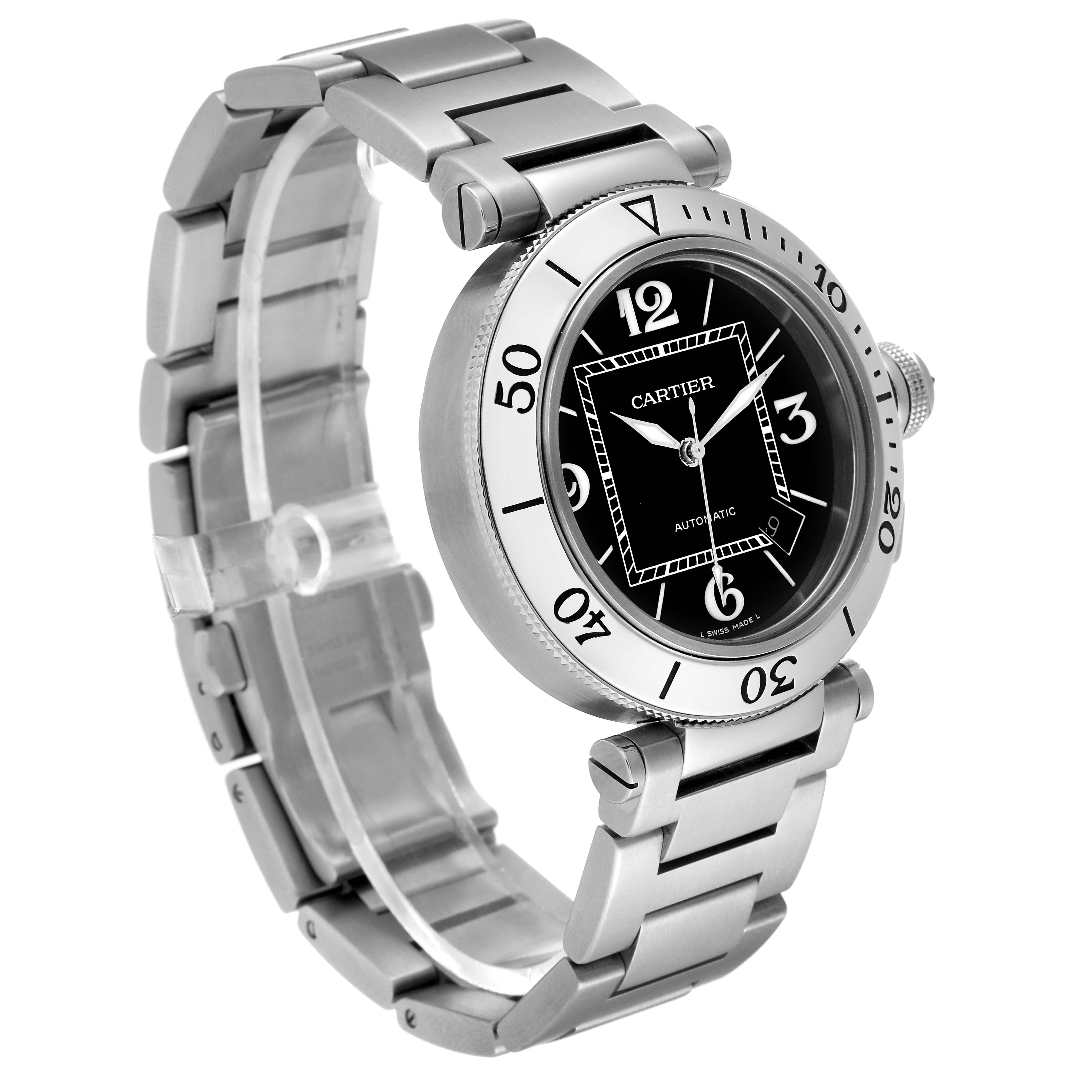 The image shows the Cartier Pasha W31077M7 Men's Stainless Steel Black Dial W31077M7 Men's Stainless Steel Black Dial watch at a three-quarter angle, featuring its face, bezel, and stainless steel bracelet.