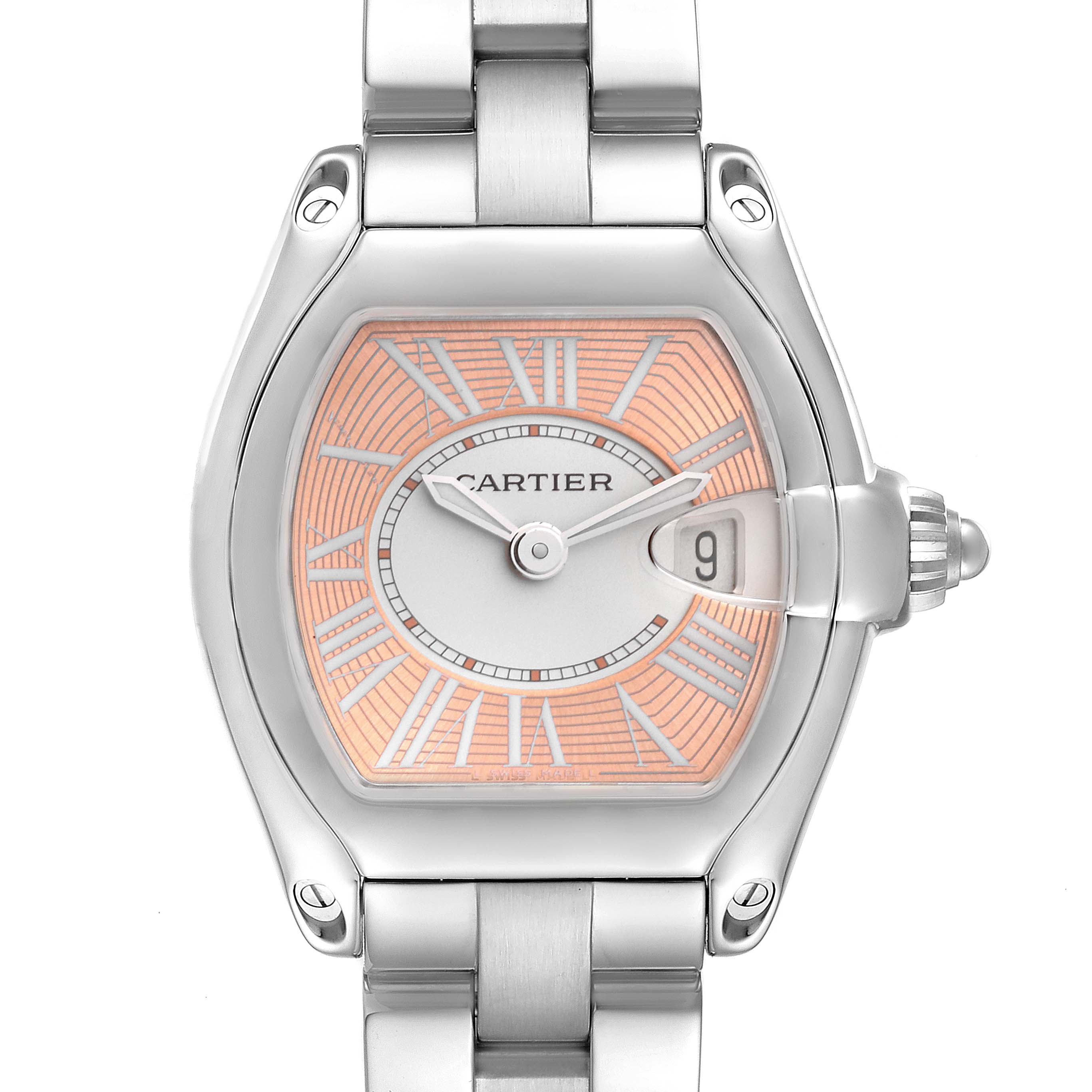 This image shows a frontal view of the Cartier Roadster W62054V3 Women's Stainless Steel Pink Dial W62054V3 Women's Stainless Steel Pink Dial watch, highlighting its dial, bracelet, and crown.