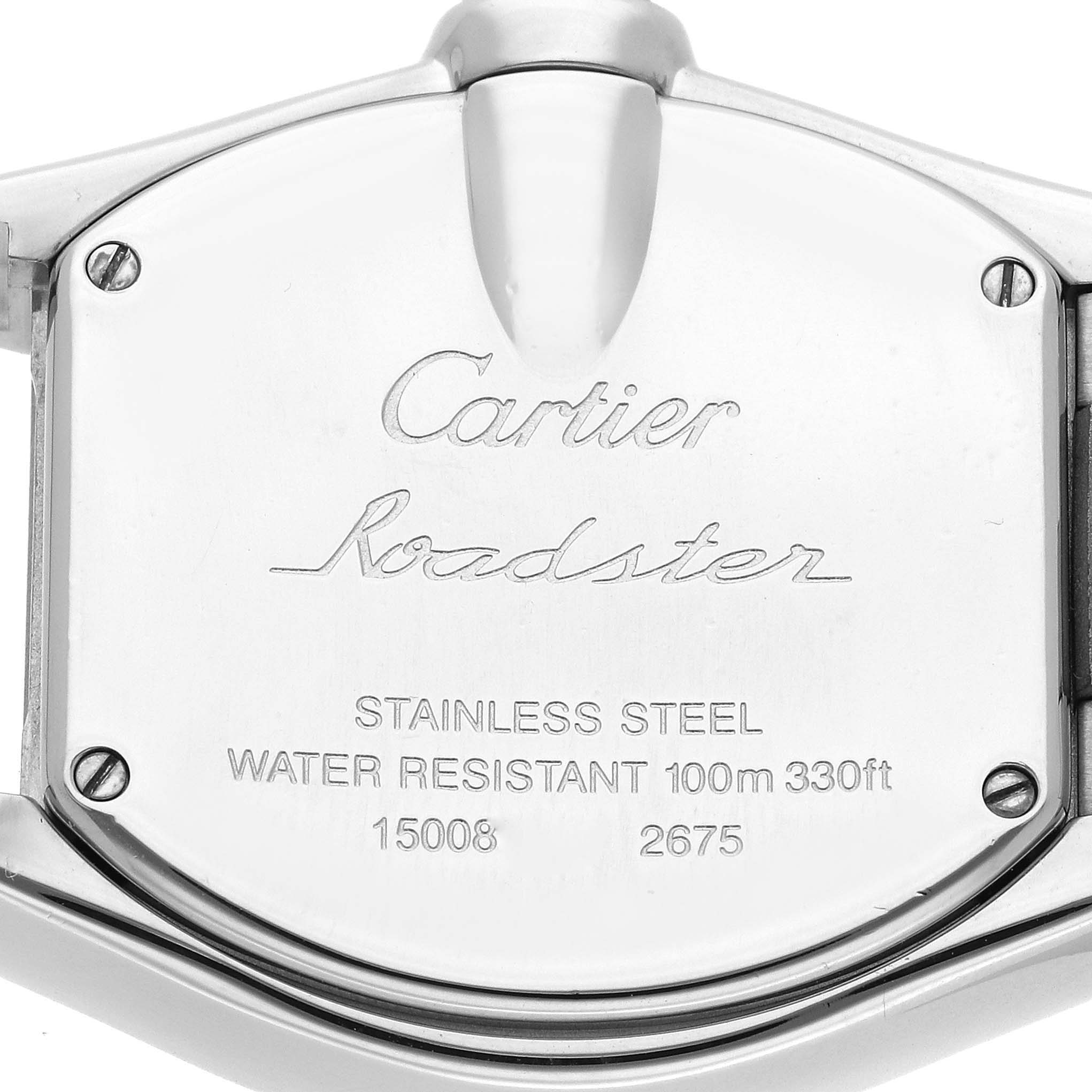 This image shows the back case of a Cartier Roadster W62054V3 Women's Stainless Steel Pink Dial W62054V3 Women's Stainless Steel Pink Dial watch, highlighting its engraving and specifications.